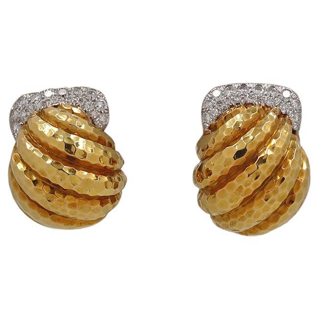 David Webb Hammered Yellow Gold and Diamond Earrings