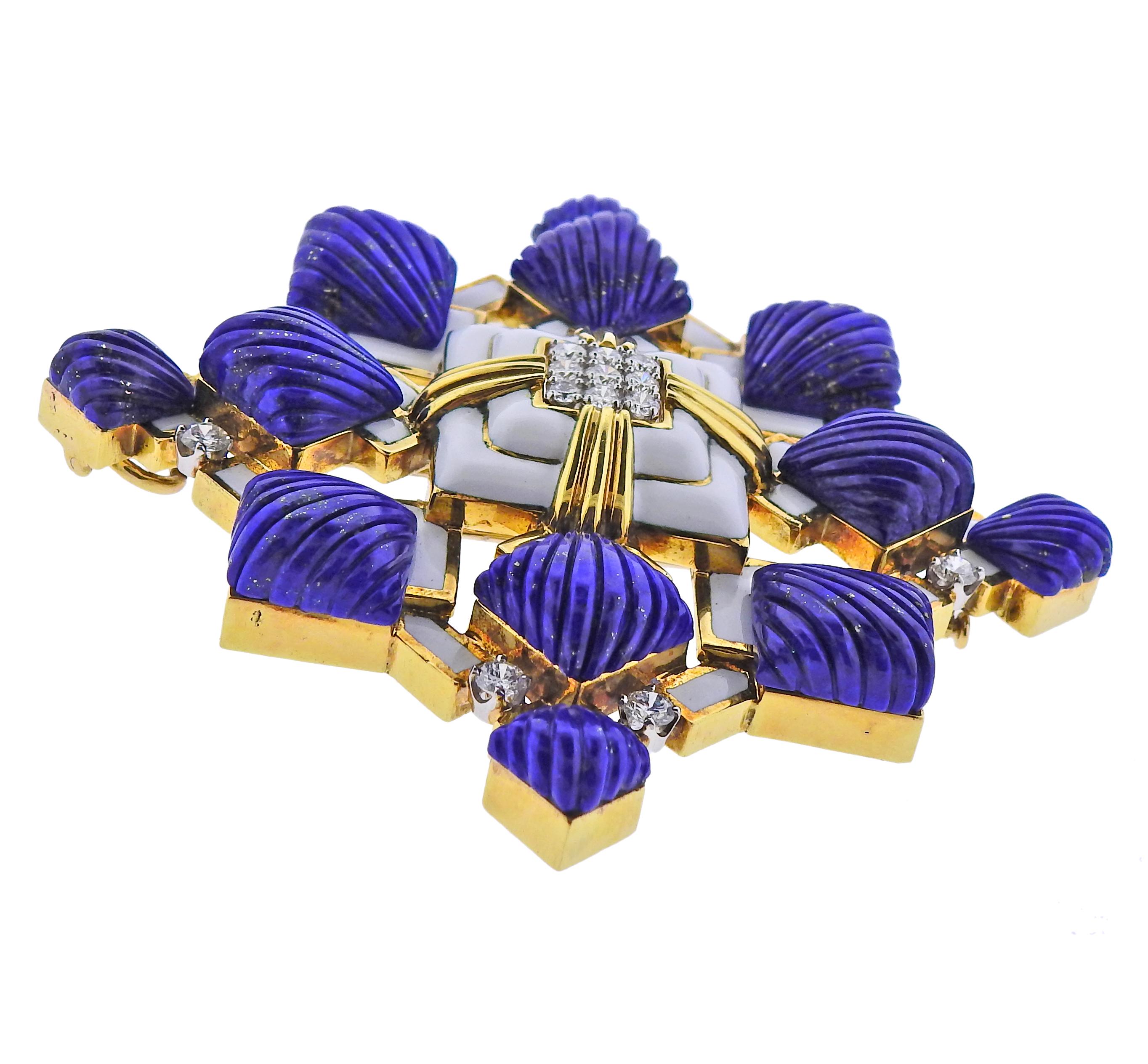 Large 18k gold and platinum Heraldic brooch pendant by David Webb, with fluted lapis, enamel and approx. 2.32cts in H/VS-Si1 diamonds. Pendant/brooch is 2.75