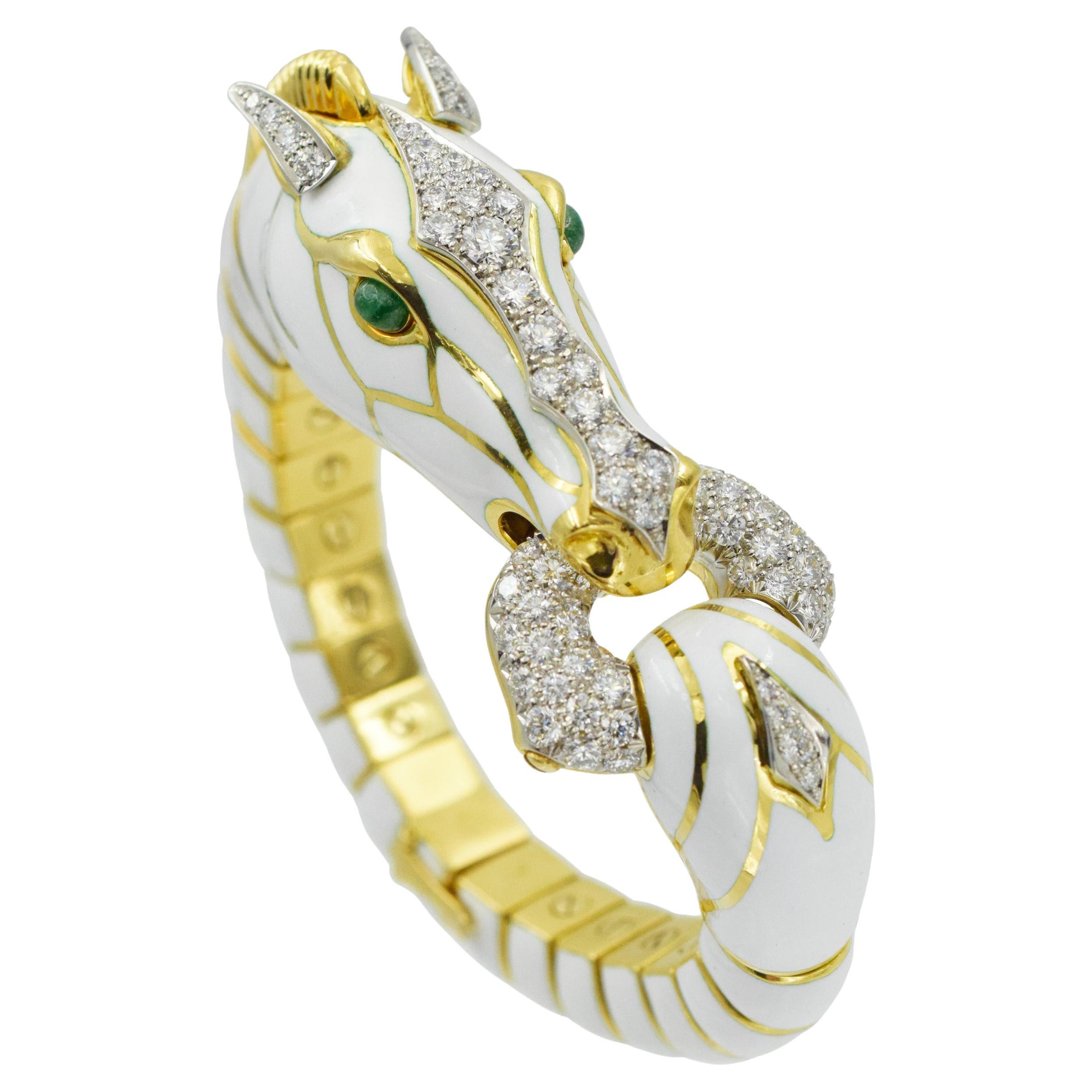 David Webb "Horse" White Enamel  Bracelet " Kingdom Collection" For Sale