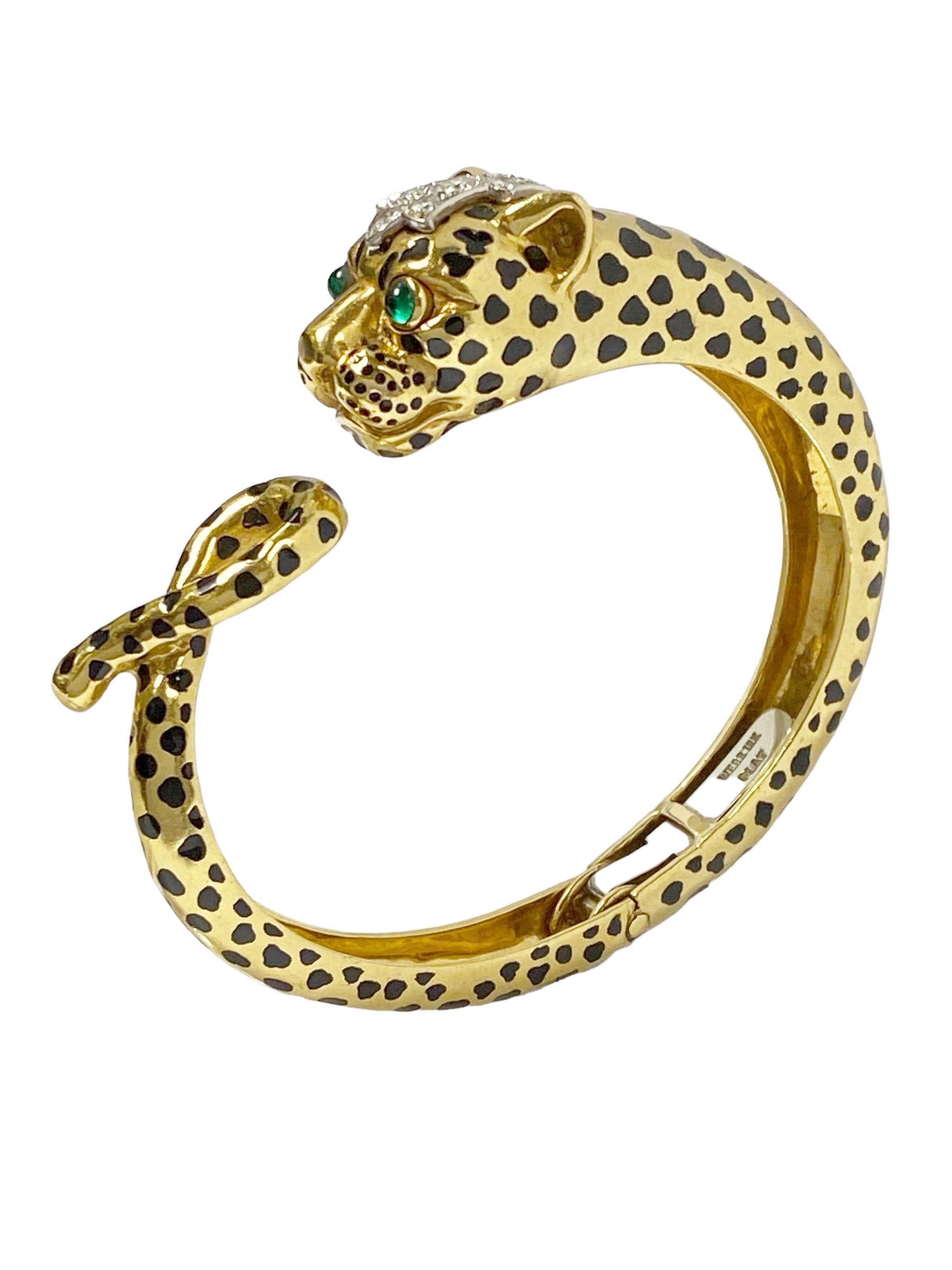 David Webb Iconic Gelbgold Platin und Edelsteinbesatz Leopard Armreif im Zustand „Hervorragend“ im Angebot in Chicago, IL