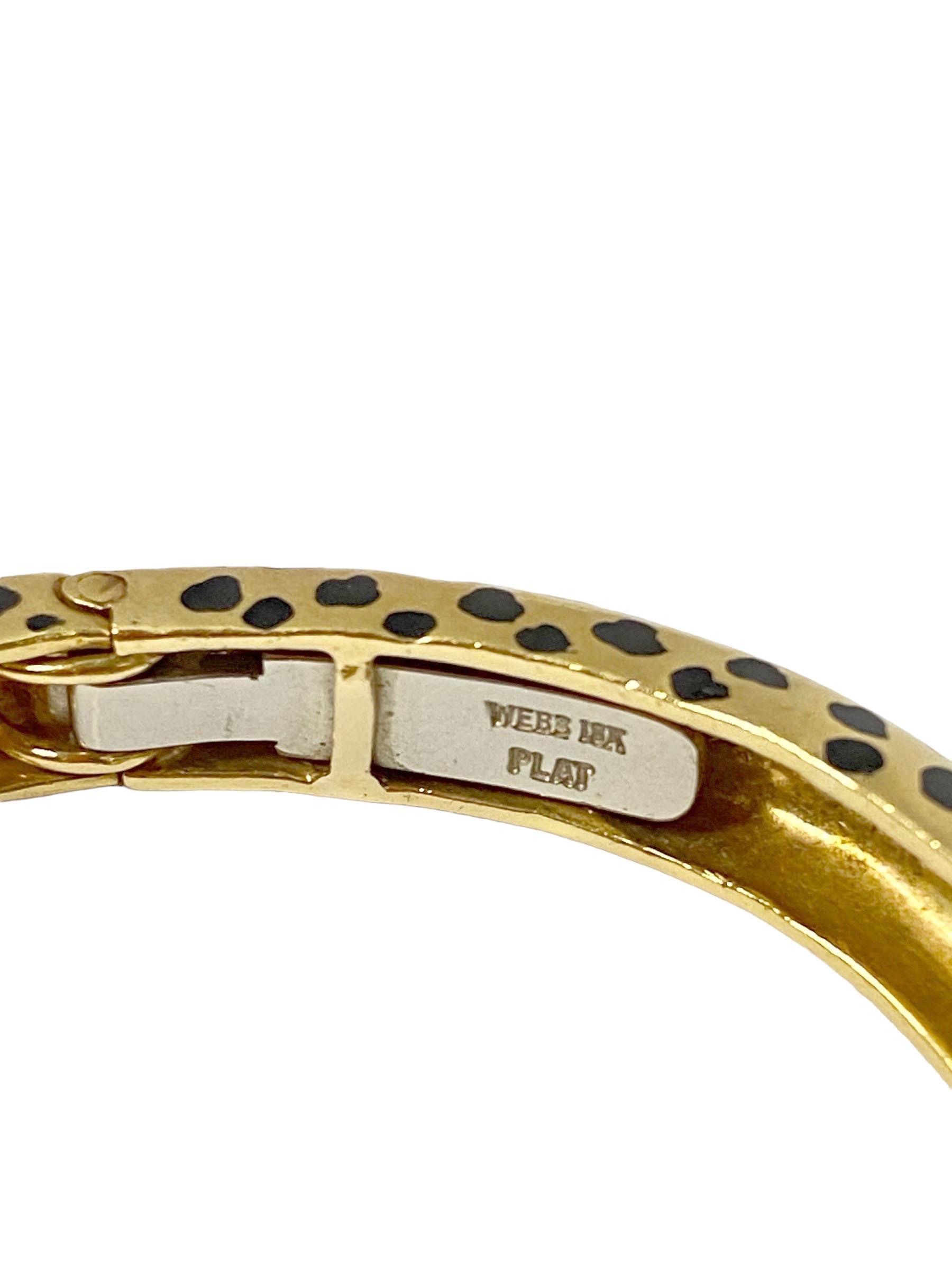 Round Cut David Webb Iconic Yellow Gold Platinum and Gem Set Leopard Bangle Bracelet For Sale
