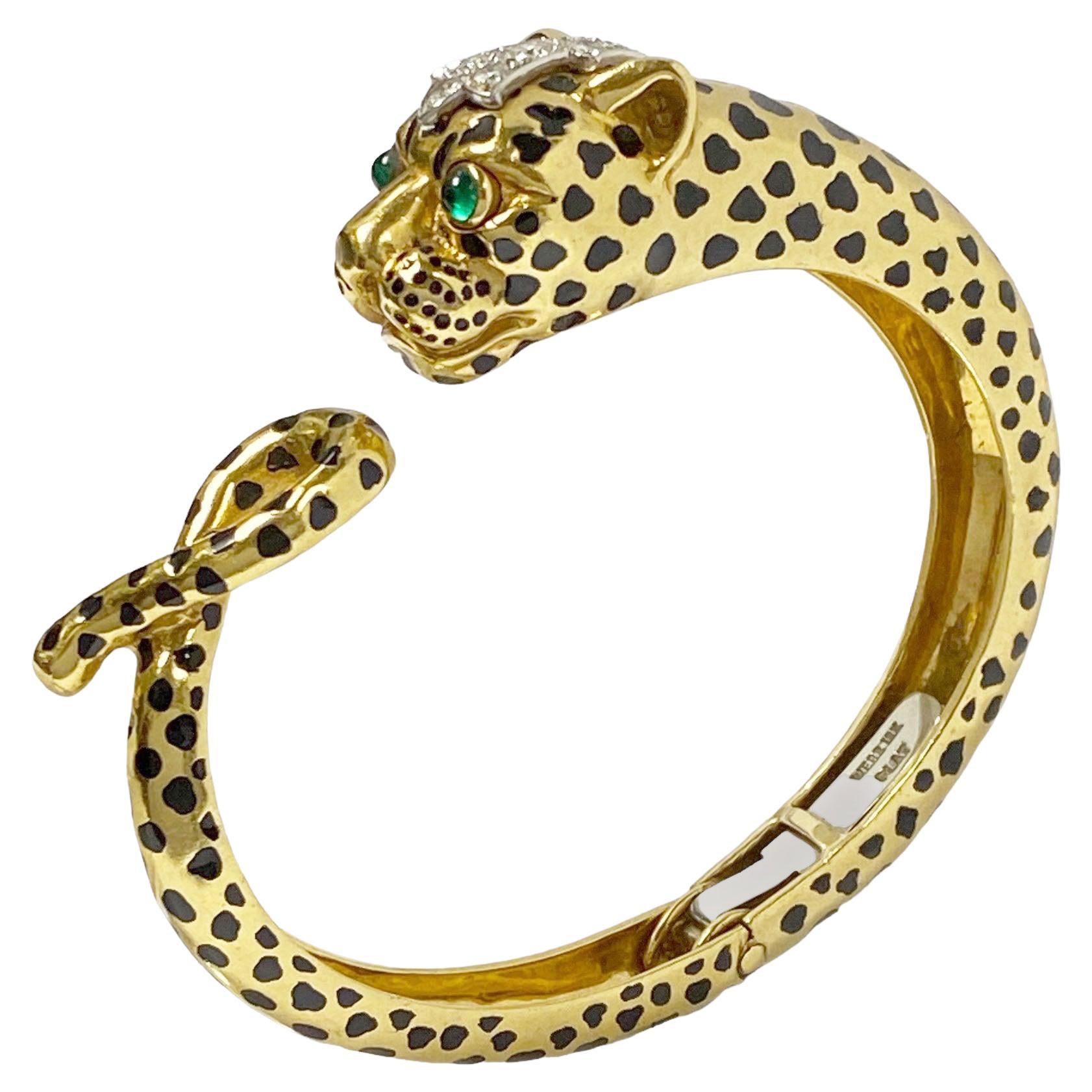 David Webb Pulsera brazalete icónica de oro amarillo, platino y gemas engastadas de leopardo