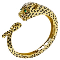 David Webb Iconic Yellow Gold Platinum and Gem set Leopard Bangle Bracelet