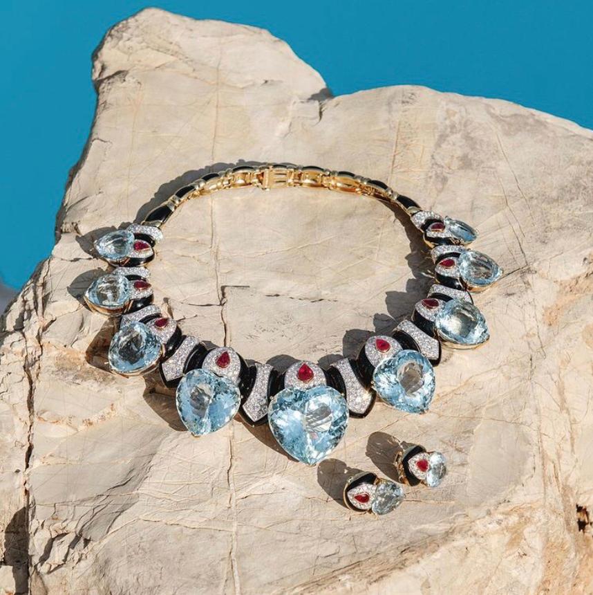 Women's David Webb Aquamarine Heart Necklace Earrings Set