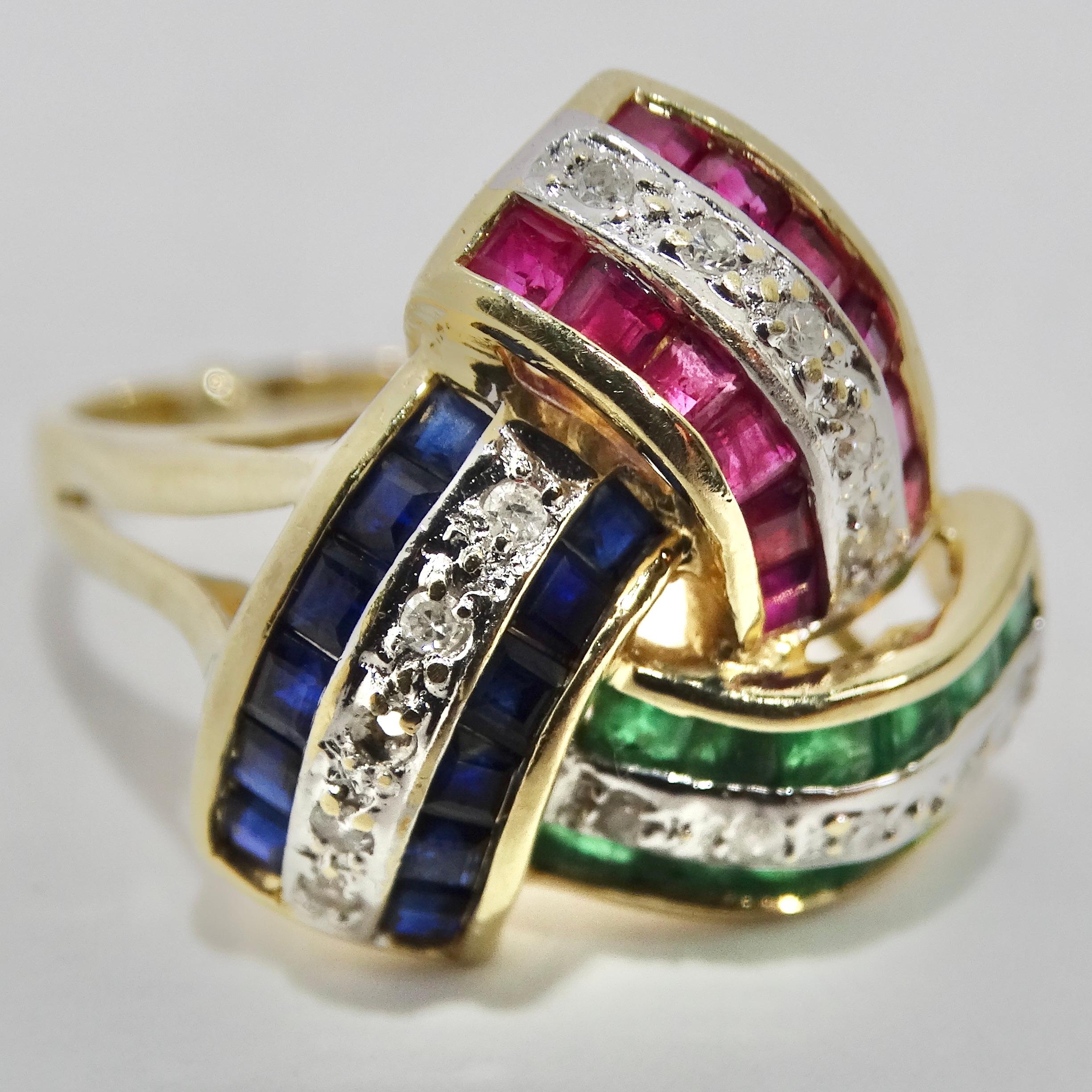 David Webb Inspired Sapphire, Ruby, Emerald and Diamond 1960s Ring For Sale 5