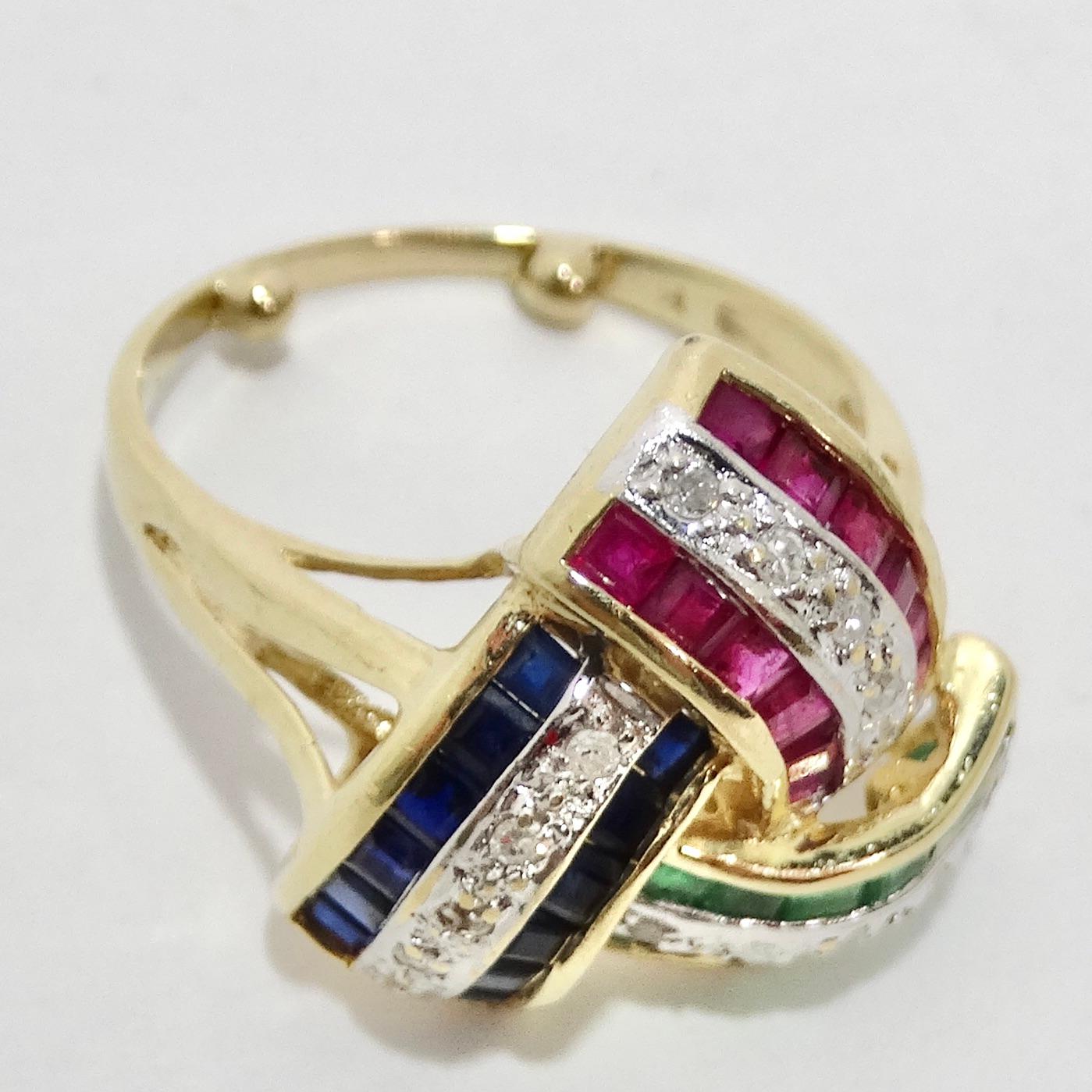 Round Cut David Webb Inspired Sapphire, Ruby, Emerald and Diamond 1960s Ring For Sale