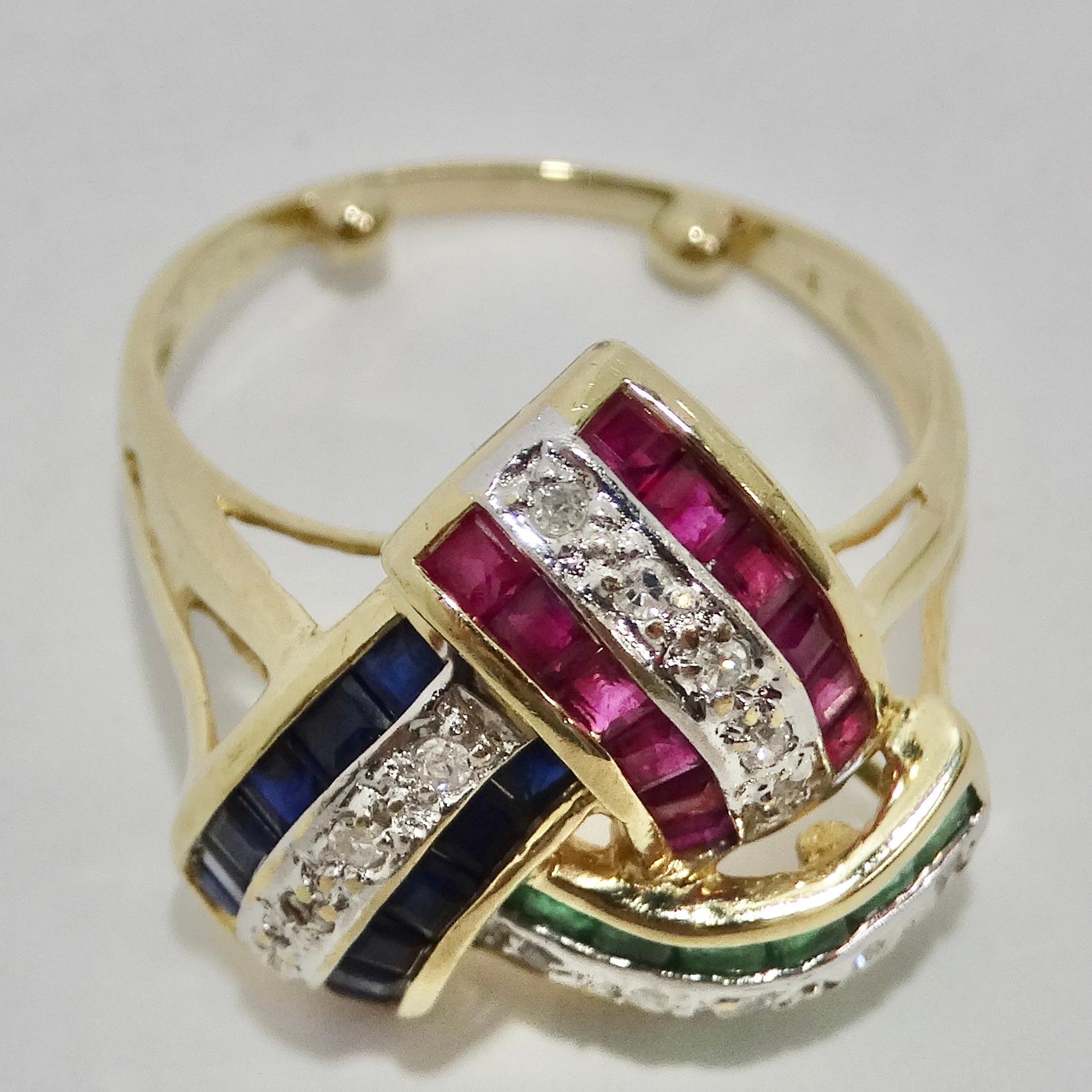 Bague d'inspiration David Webb, en saphir, rubis, émeraude et diamants des années 1960 Unisexe en vente