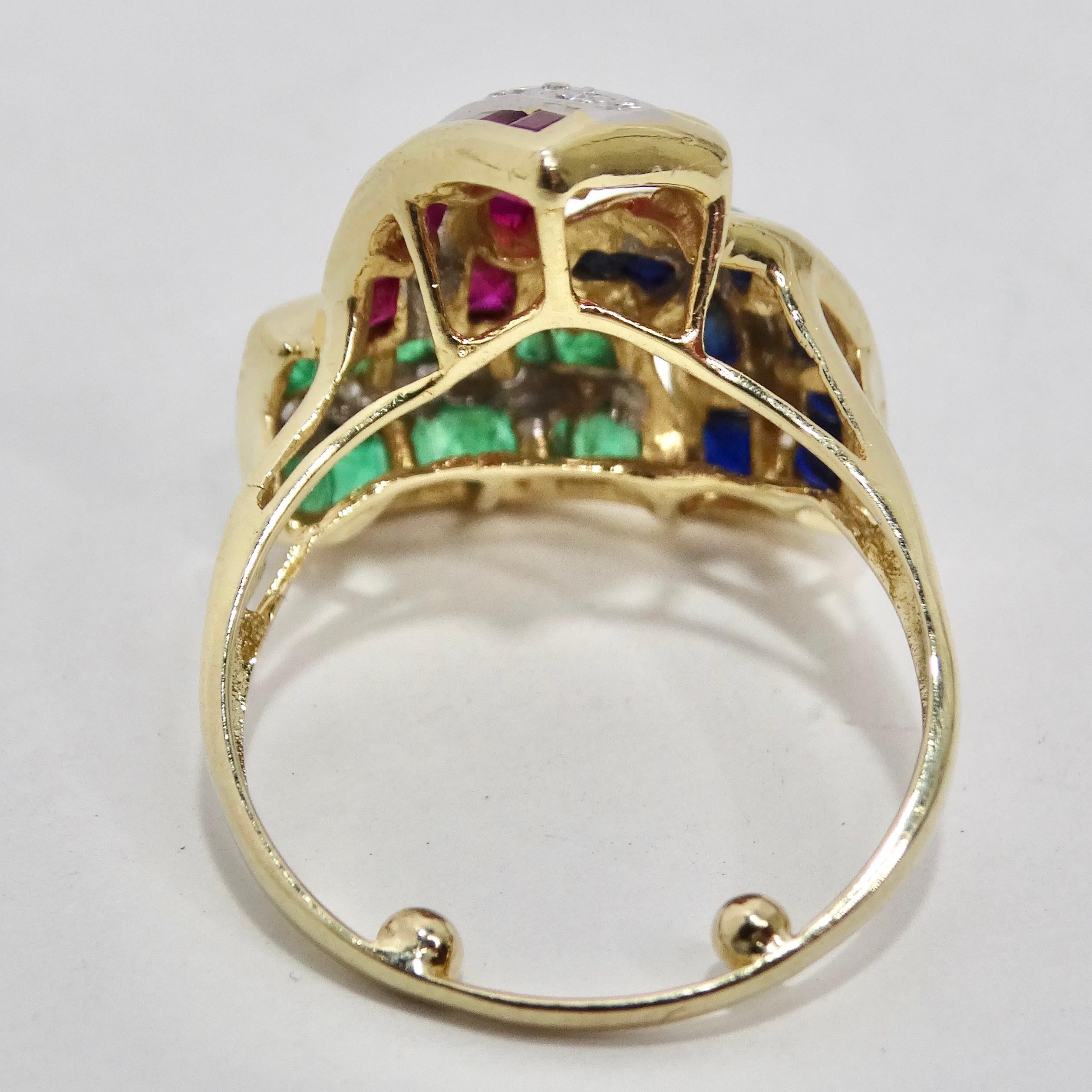David Webb Inspired Sapphire, Ruby, Emerald and Diamond 1960s Ring For Sale 3
