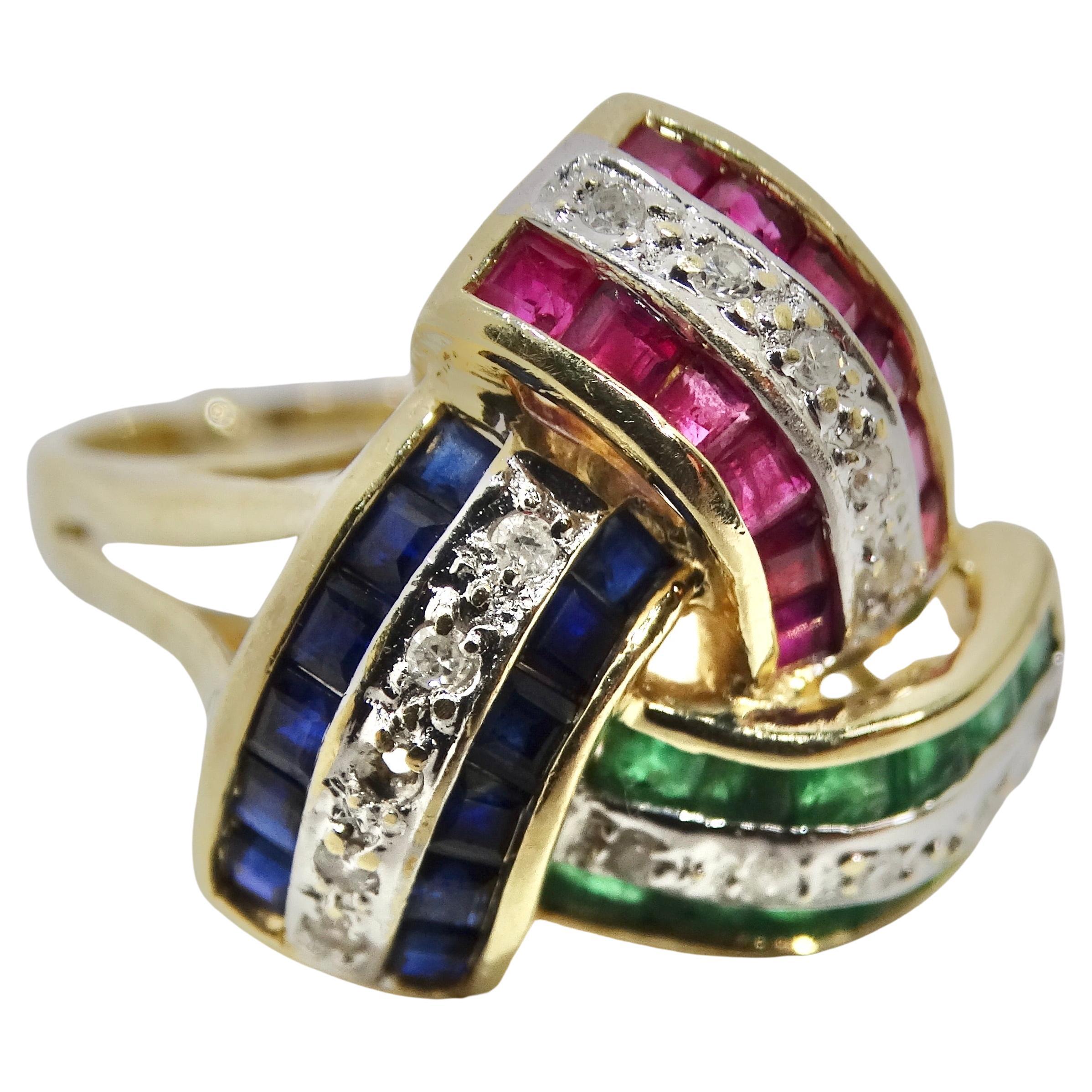 David Webb Inspired Sapphire, Ruby, Emerald and Diamond 1960s Ring