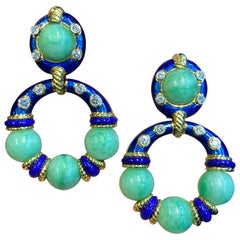 Boucles d'oreilles anneau Door Knocker en jade:: diamant et émail David Webb