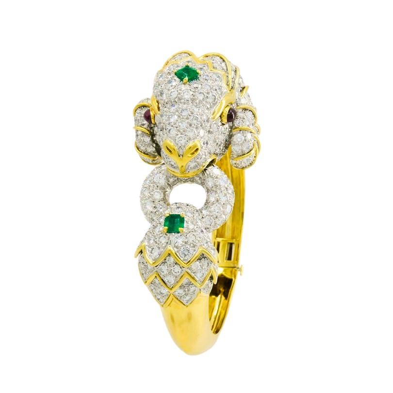 David Webb Kingdom Bracelet Ram Aris Or Platine Pierres précieuses Estate Jewelry en vente 2
