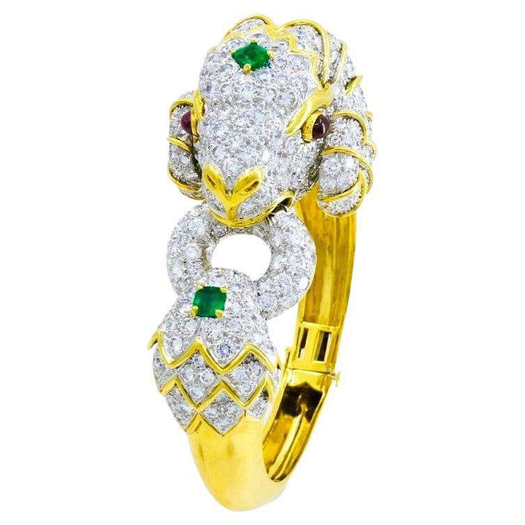 David Webb Kingdom Bracelet Ram Aris Or Platine Pierres précieuses Estate Jewelry en vente