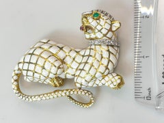 David Webb Kingdom White Enamel Panther With Diamond Collar Vintage Brooch