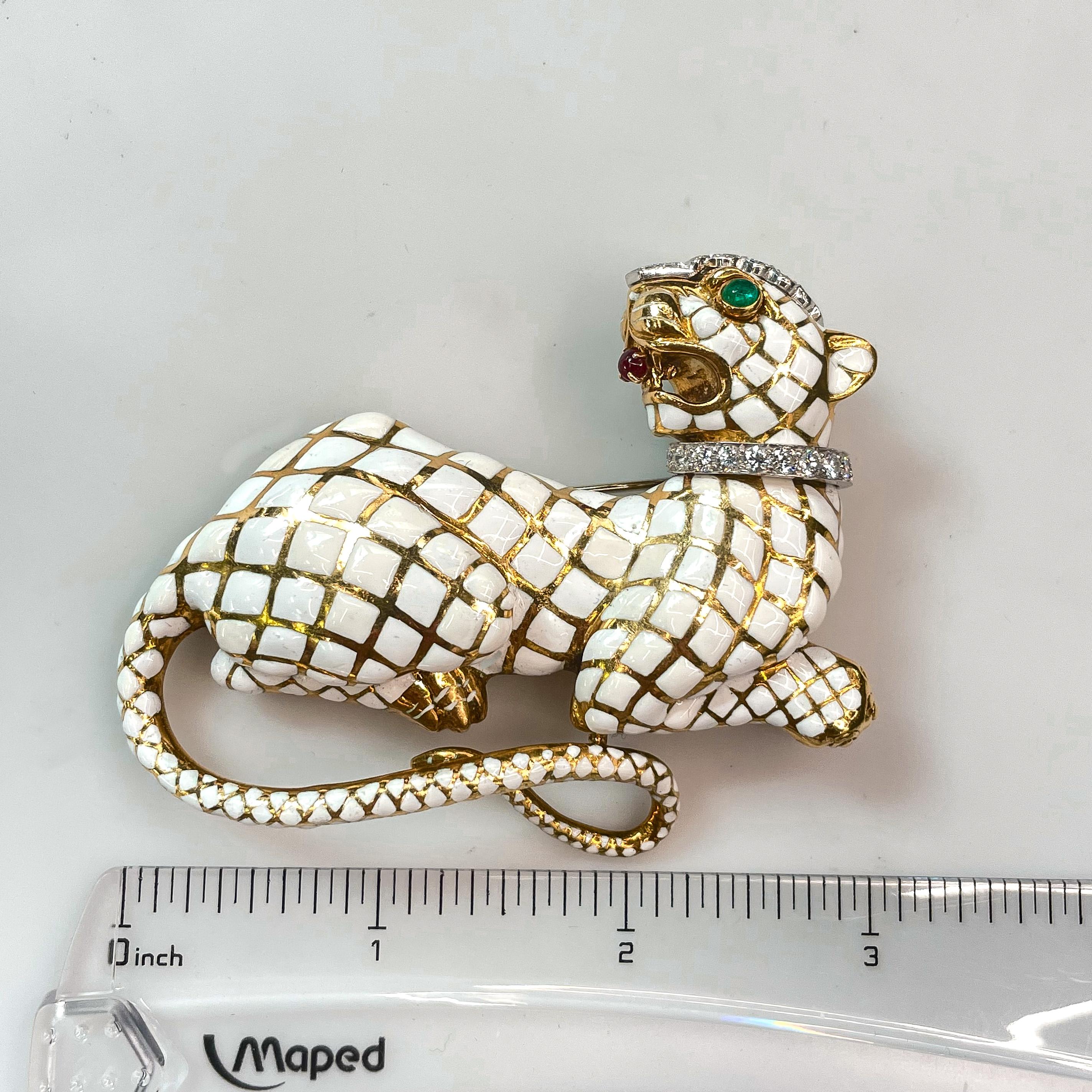 Brilliant Cut David Webb Kingdom White Enamel Panther With Diamond Collar Vintage Brooch For Sale
