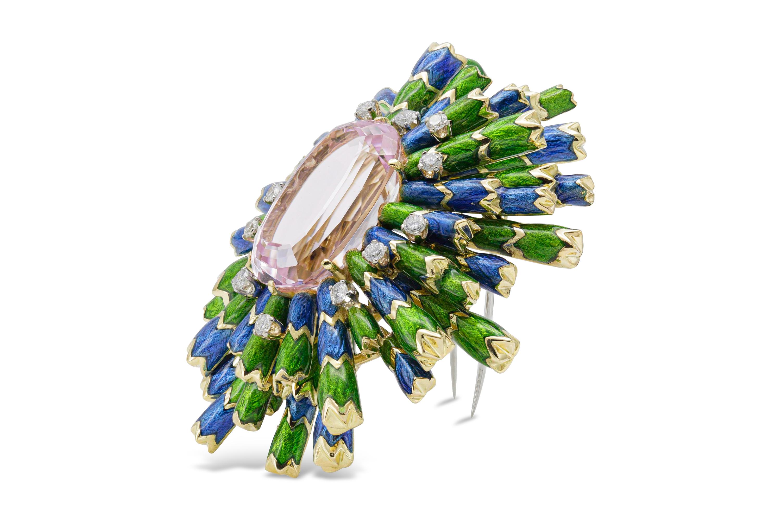 Finely crafted in 18K yellow gold with a center kunzite stone weighing approximately 25.00 carats. The pin also features blue and green enamel and surrounding diamonds weighing 1.05 carat.
Signed by David Webb.
Matching bracelet is also available.