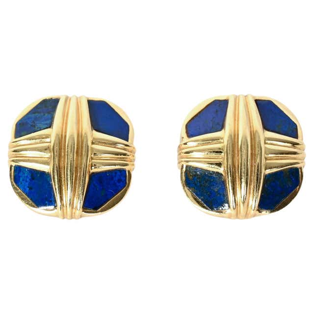 Carved Lapis Diamond Gold Earrings For Sale at 1stDibs