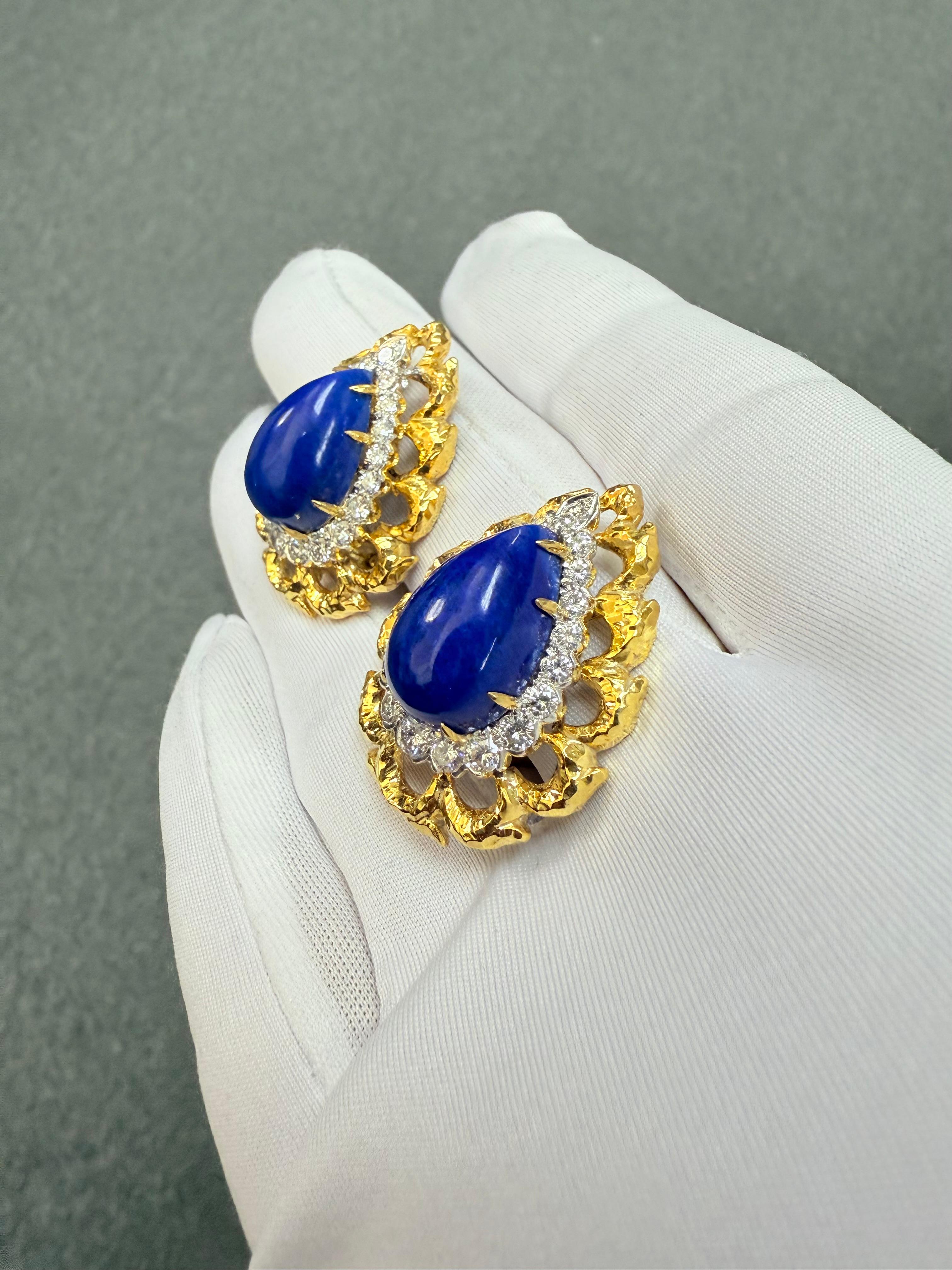 Pendientes de clip David Webb Lapislázuli Diamante Oro Amarillo Platino en venta 4
