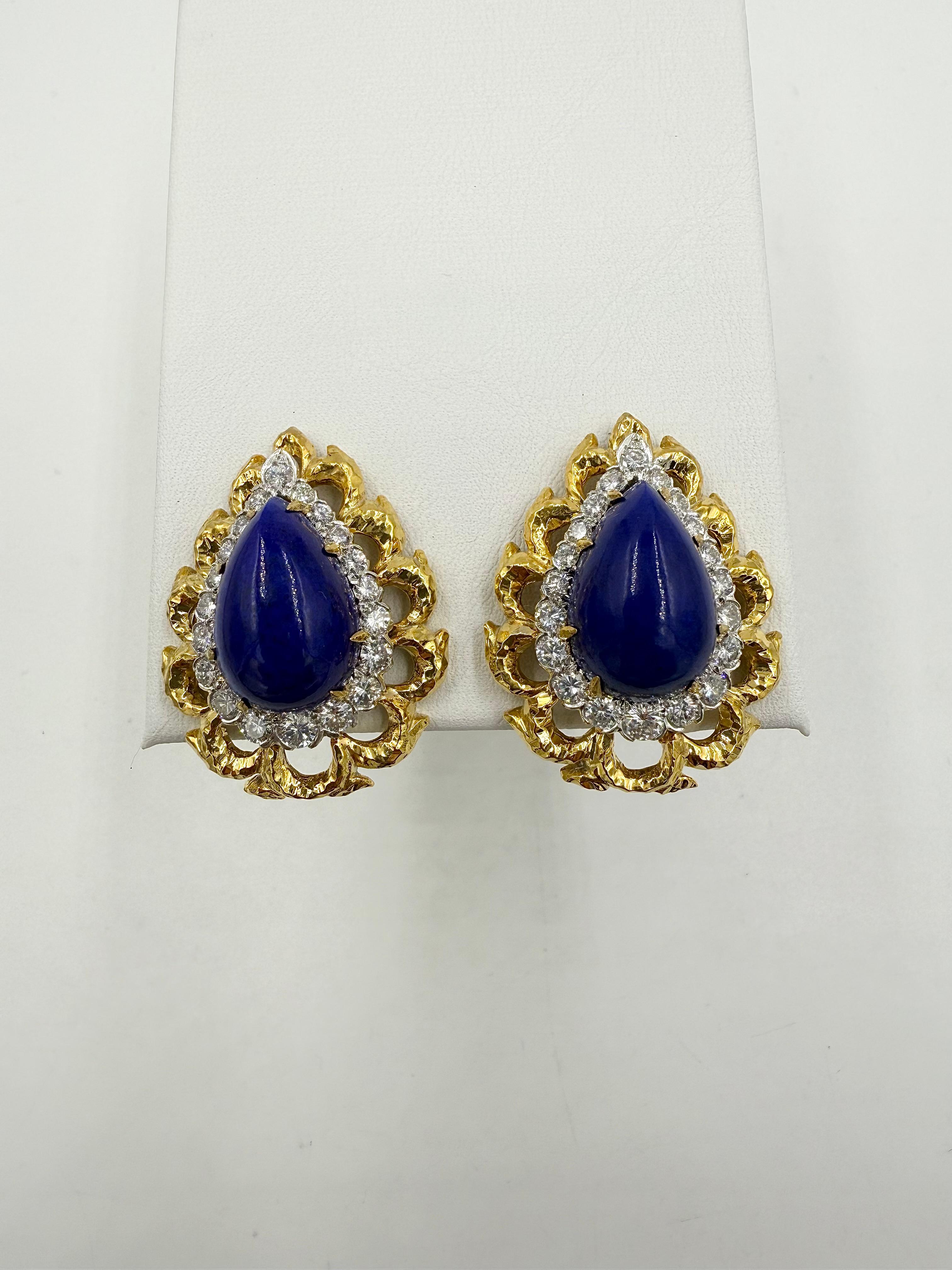 Pendientes de clip David Webb Lapislázuli Diamante Oro Amarillo Platino Corte mixto en venta