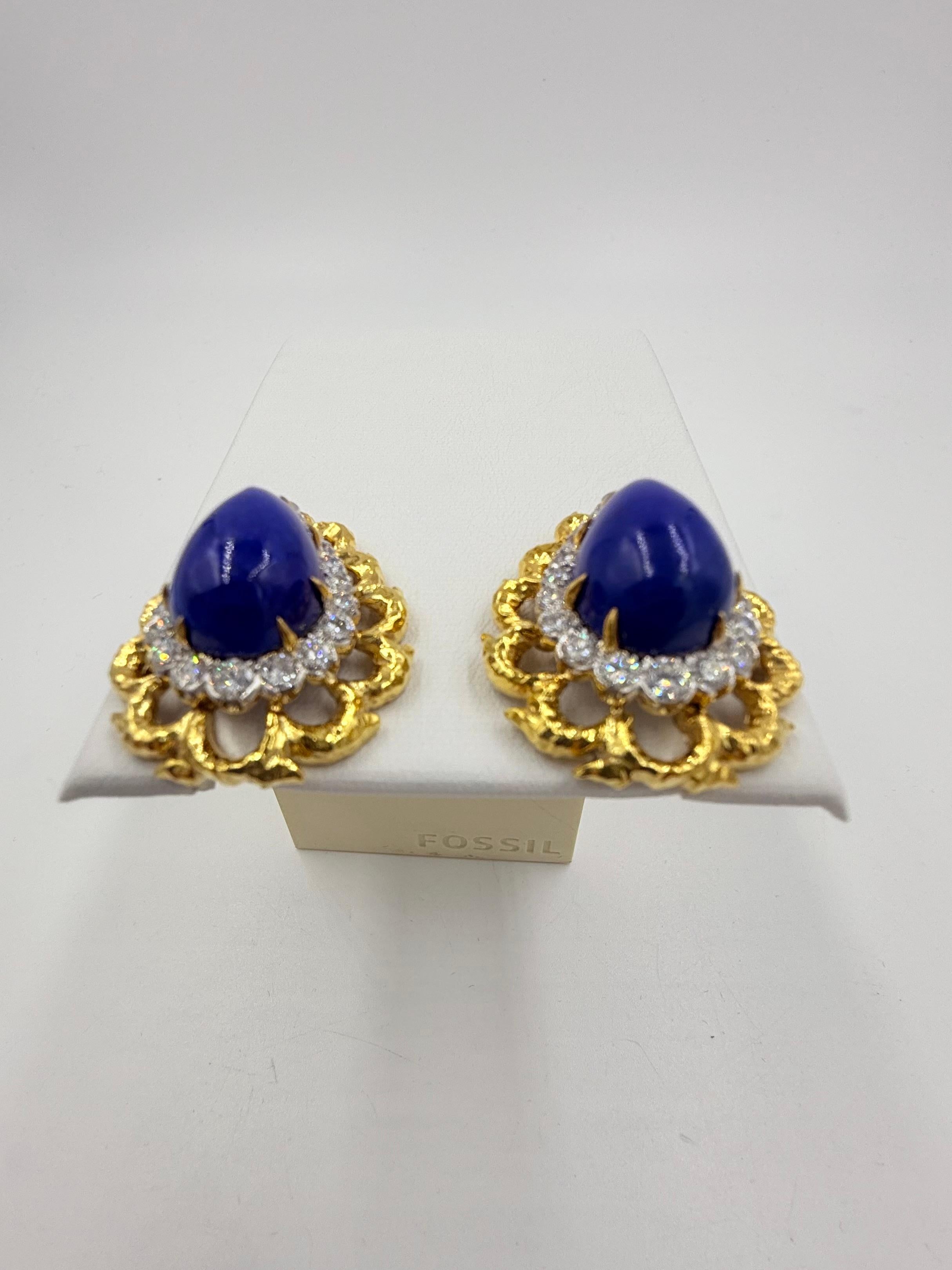 Pendientes de clip David Webb Lapislázuli Diamante Oro Amarillo Platino en venta 1