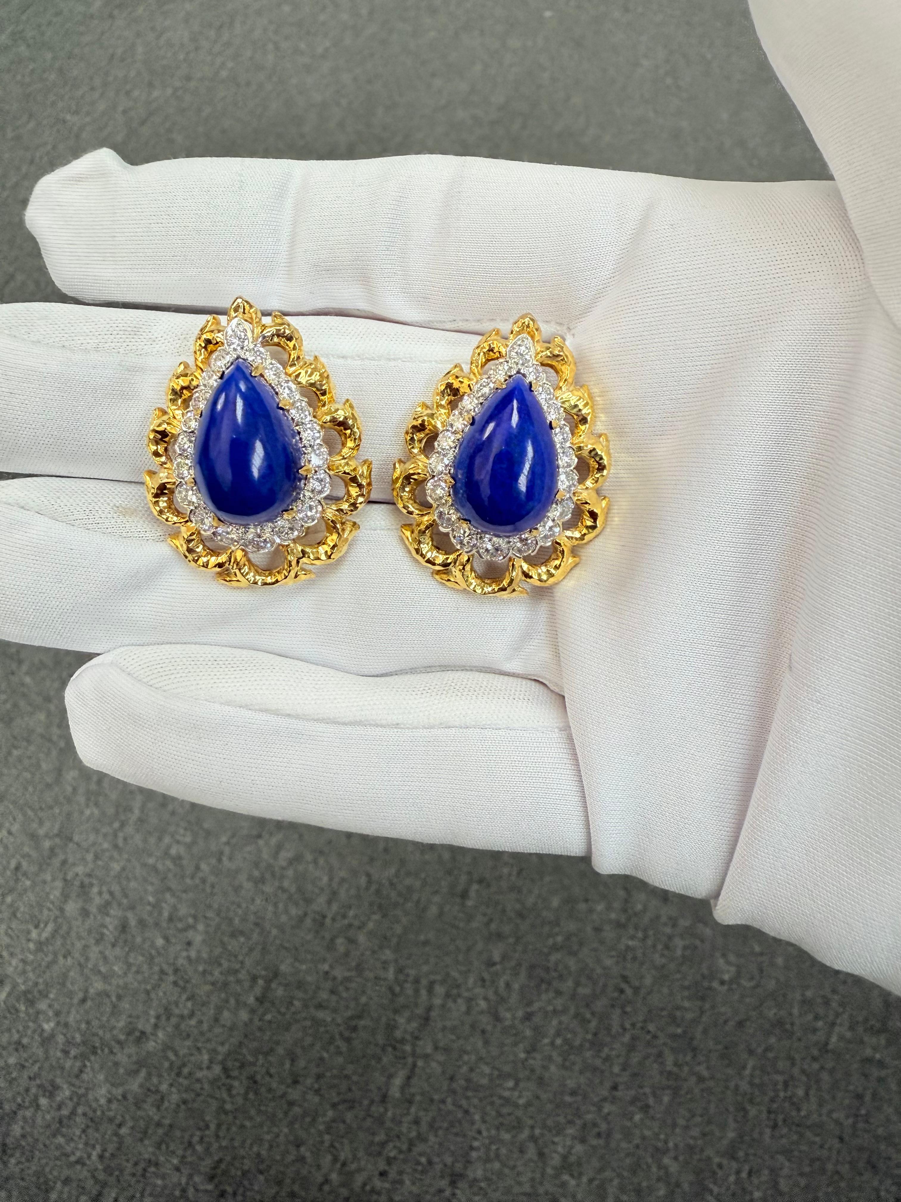 Pendientes de clip David Webb Lapislázuli Diamante Oro Amarillo Platino en venta 3