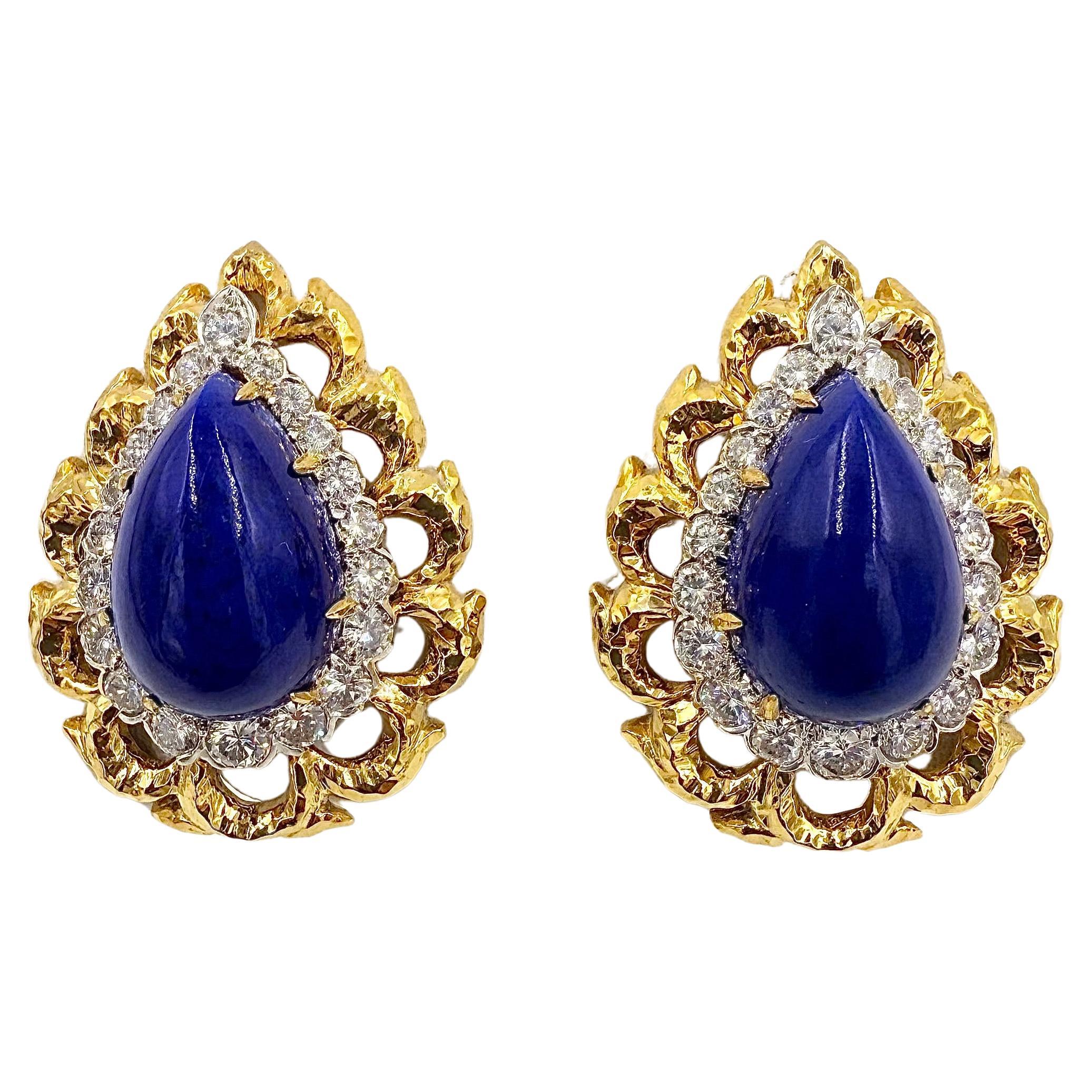 Pendientes de clip David Webb Lapislázuli Diamante Oro Amarillo Platino en venta