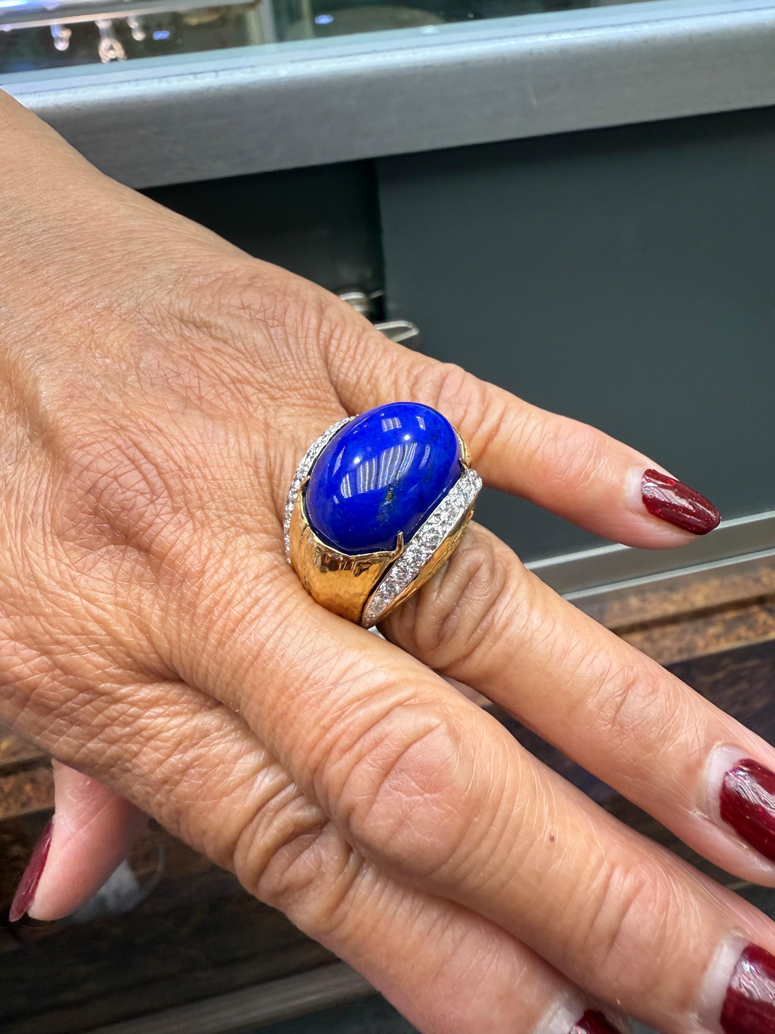 Contemporary David Webb Lapis Diamond Yellow Gold Platinum Dome Ring For Sale