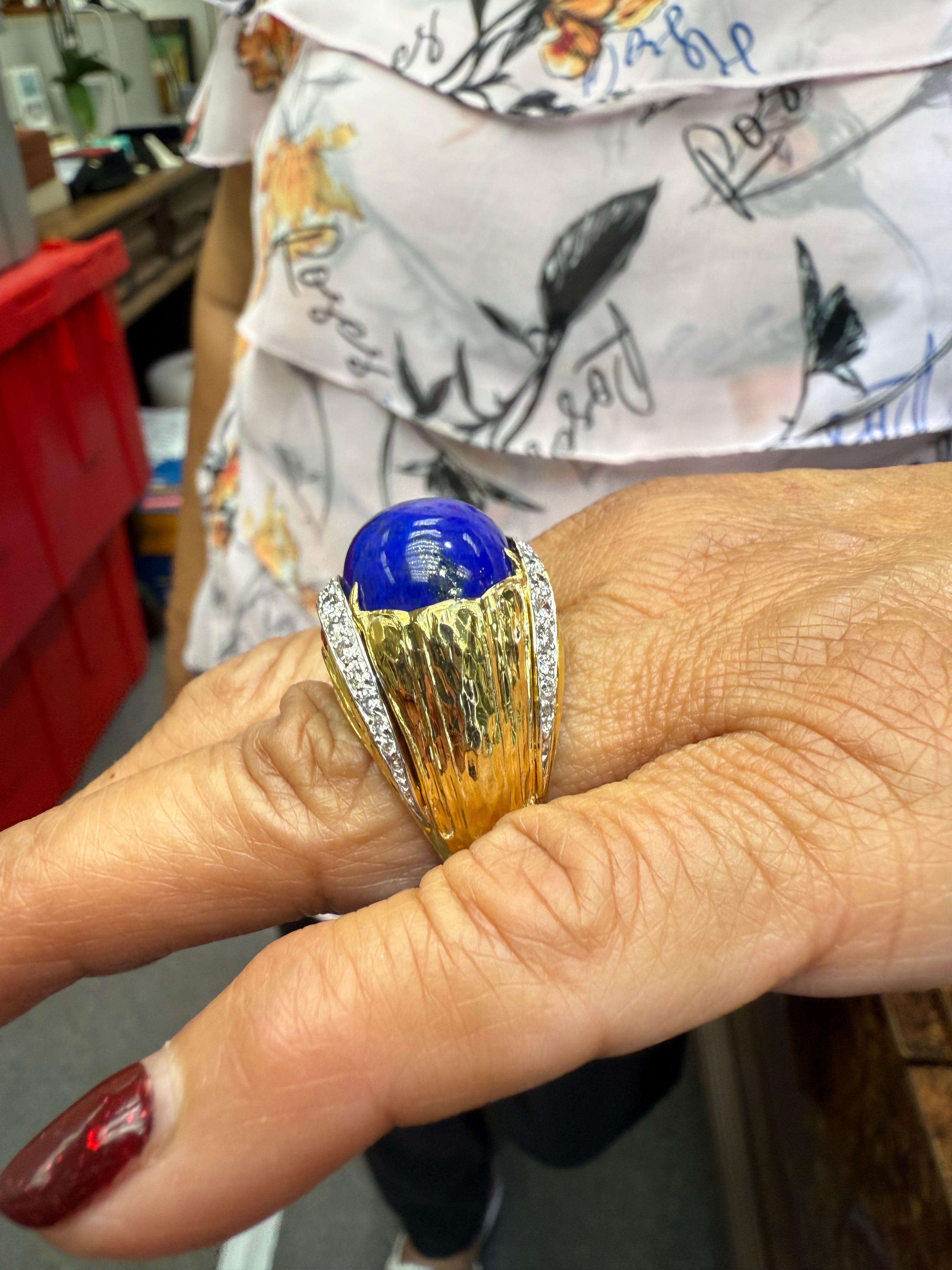 Round Cut David Webb Lapis Diamond Yellow Gold Platinum Dome Ring For Sale