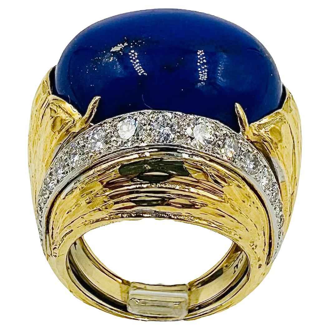 David Webb Lapis Diamond Yellow Gold Platinum Dome Ring For Sale