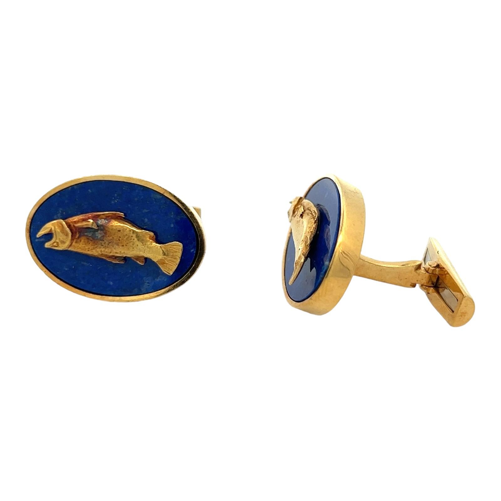 David Webb Lapis Lazuli 18 Karat Yellow Gold Fish Gents Vintage Cufflinks  In Excellent Condition In Boca Raton, FL