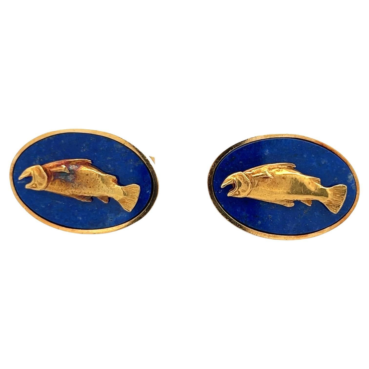 David Webb Lapis Lazuli 18 Karat Yellow Gold Fish Gents Vintage Cufflinks 