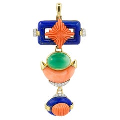 David Webb Lapis Lazuli, Coral, Agate, Diamond Pendant