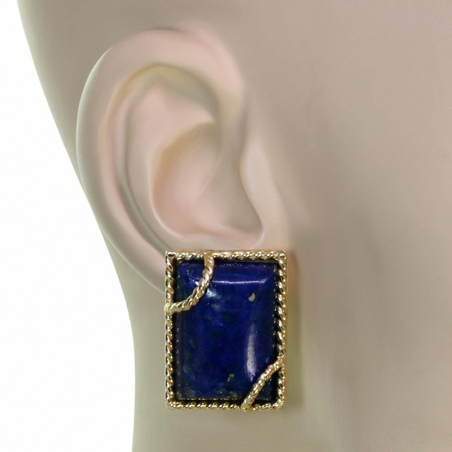 Cushion Cut David Webb Lapis Lazuli Yellow Gold Clip-On Earrings For Sale