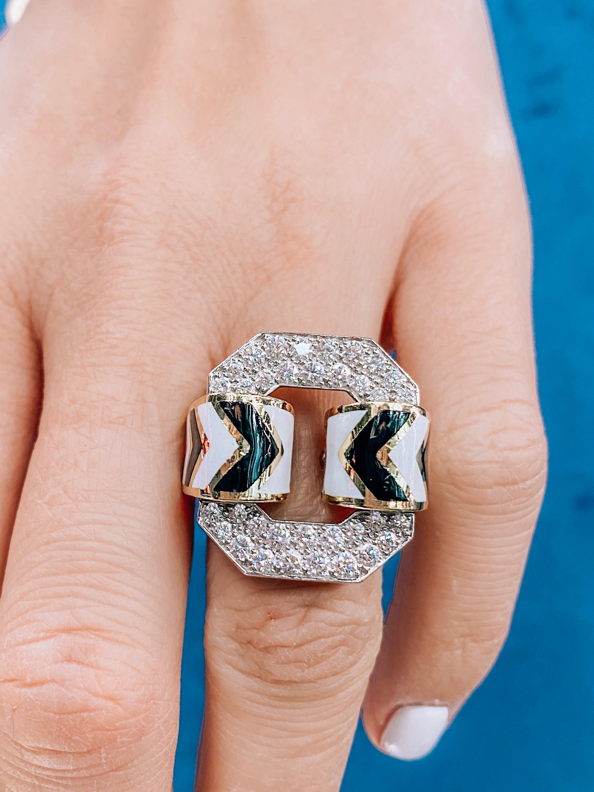 Round Cut David Webb Large Tire Chevron White and Black Enamel Ring
