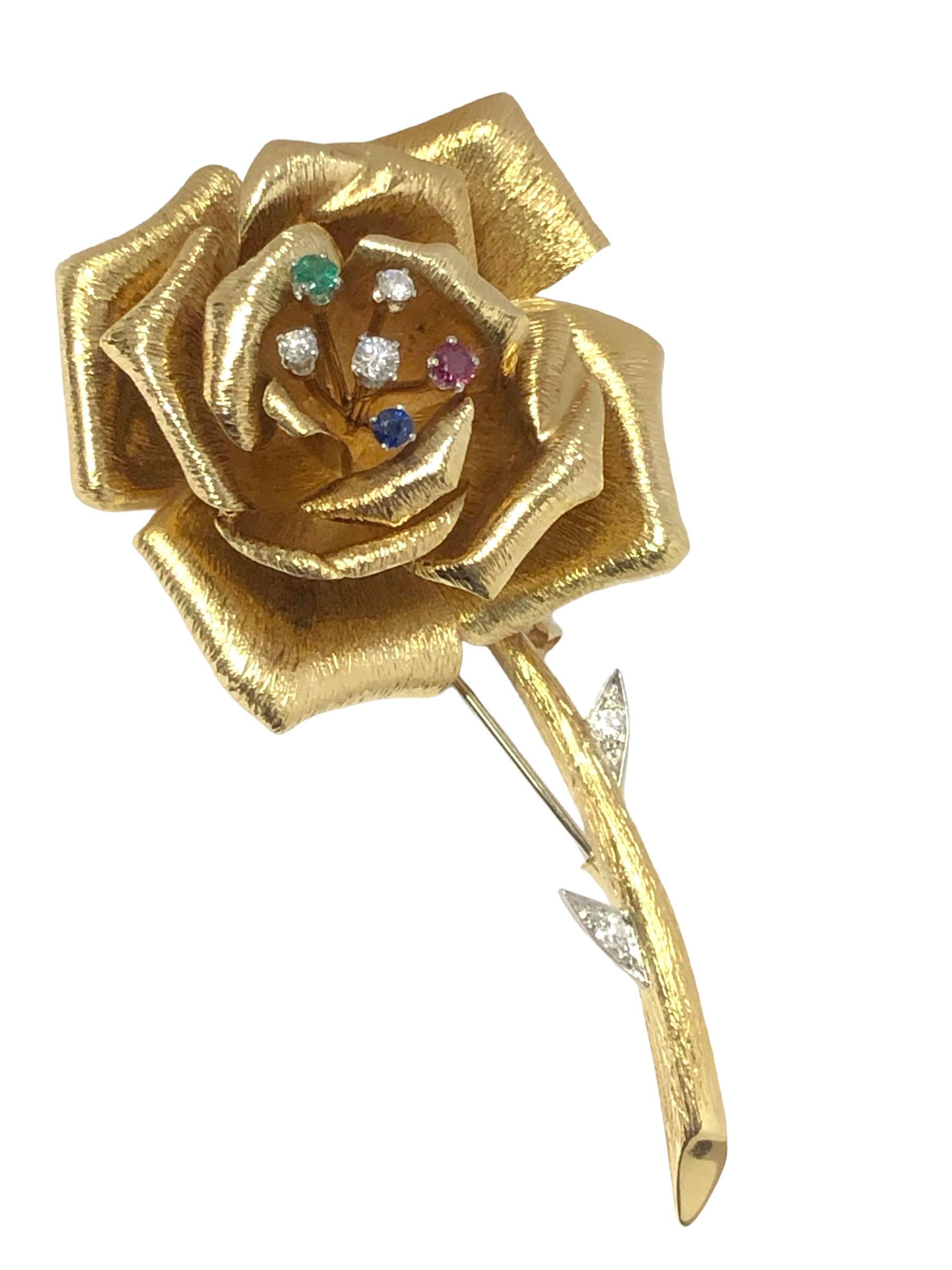 David Webb Large Yellow Gold and Gem set Flower Clip Brooch In Excellent Condition For Sale In Chicago, IL