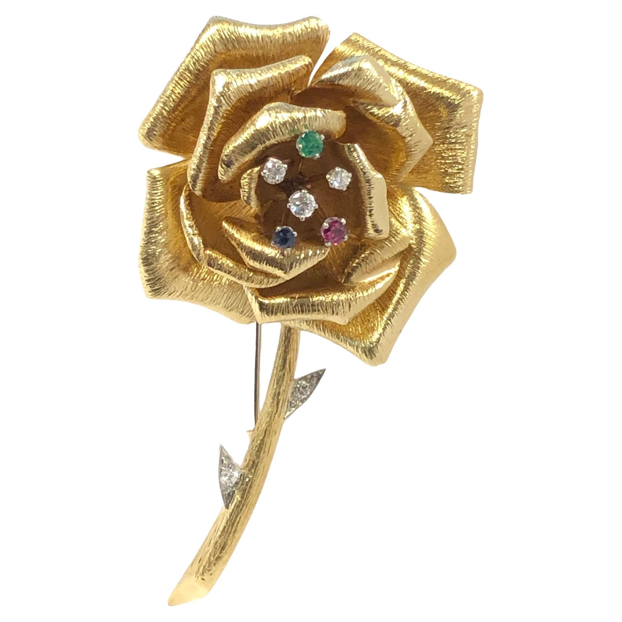 David Webb Large broche clip fleur en or jaune et serti de pierres précieuses en vente