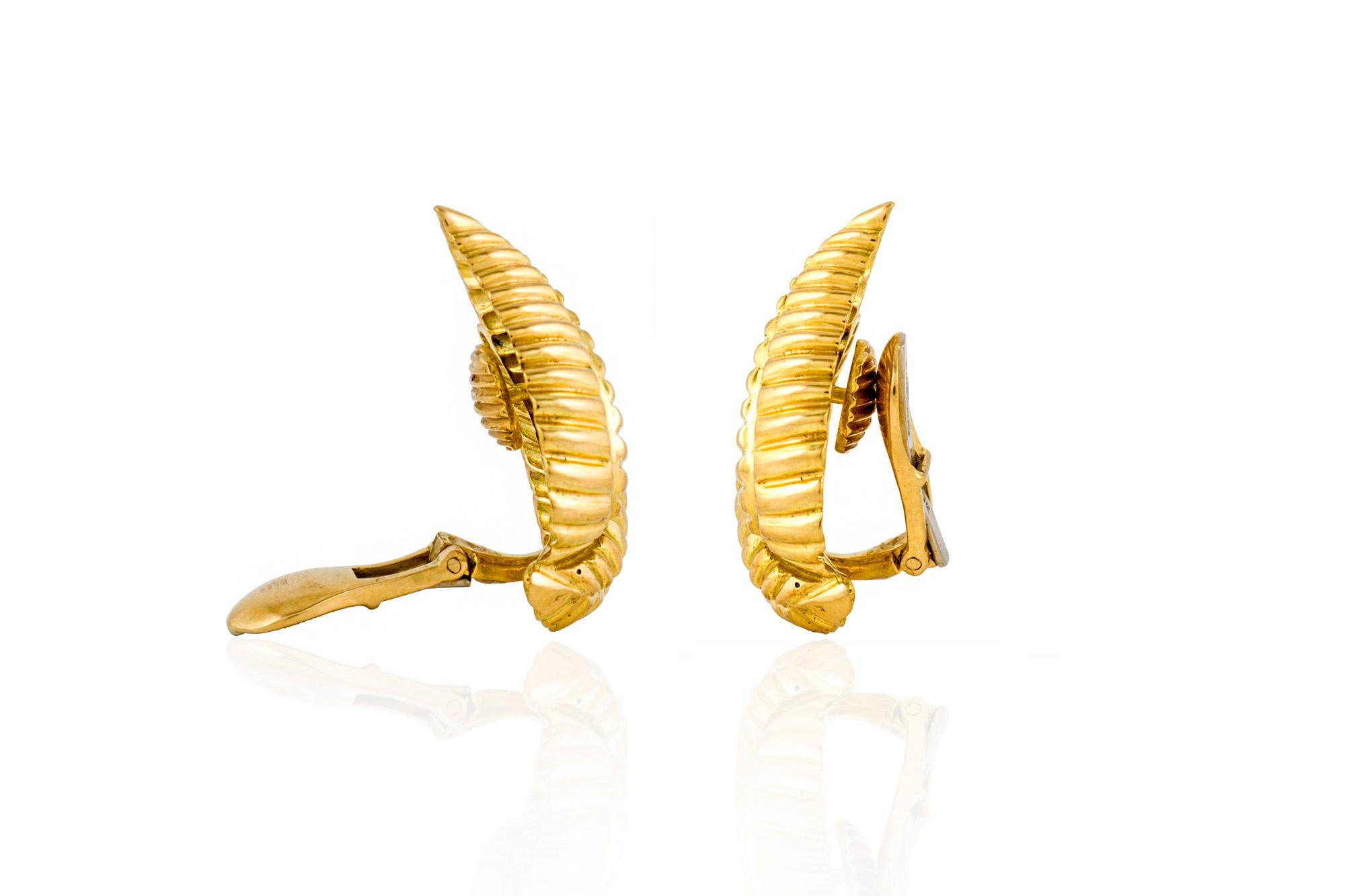 Clip on leaf earrings, finely crafted in 18 k yellow gold. Signed David Webb.