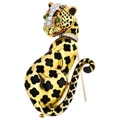 David Webb Leopard 18 Karat Yellow Gold Diamonds, Emeralds, Black Enamel Brooch