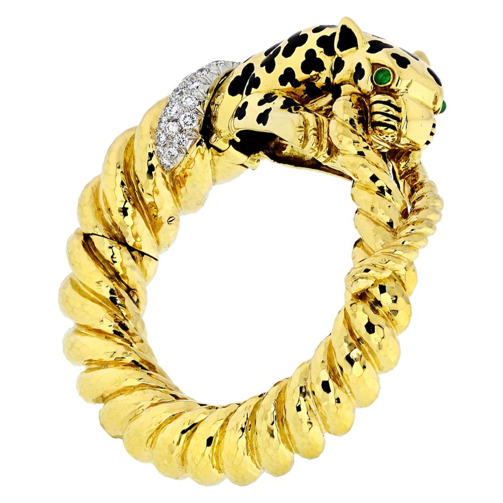 David Webb Leopard 18 Karat Yellow Gold Spotted Bangle Diamond Bracelet For Sale