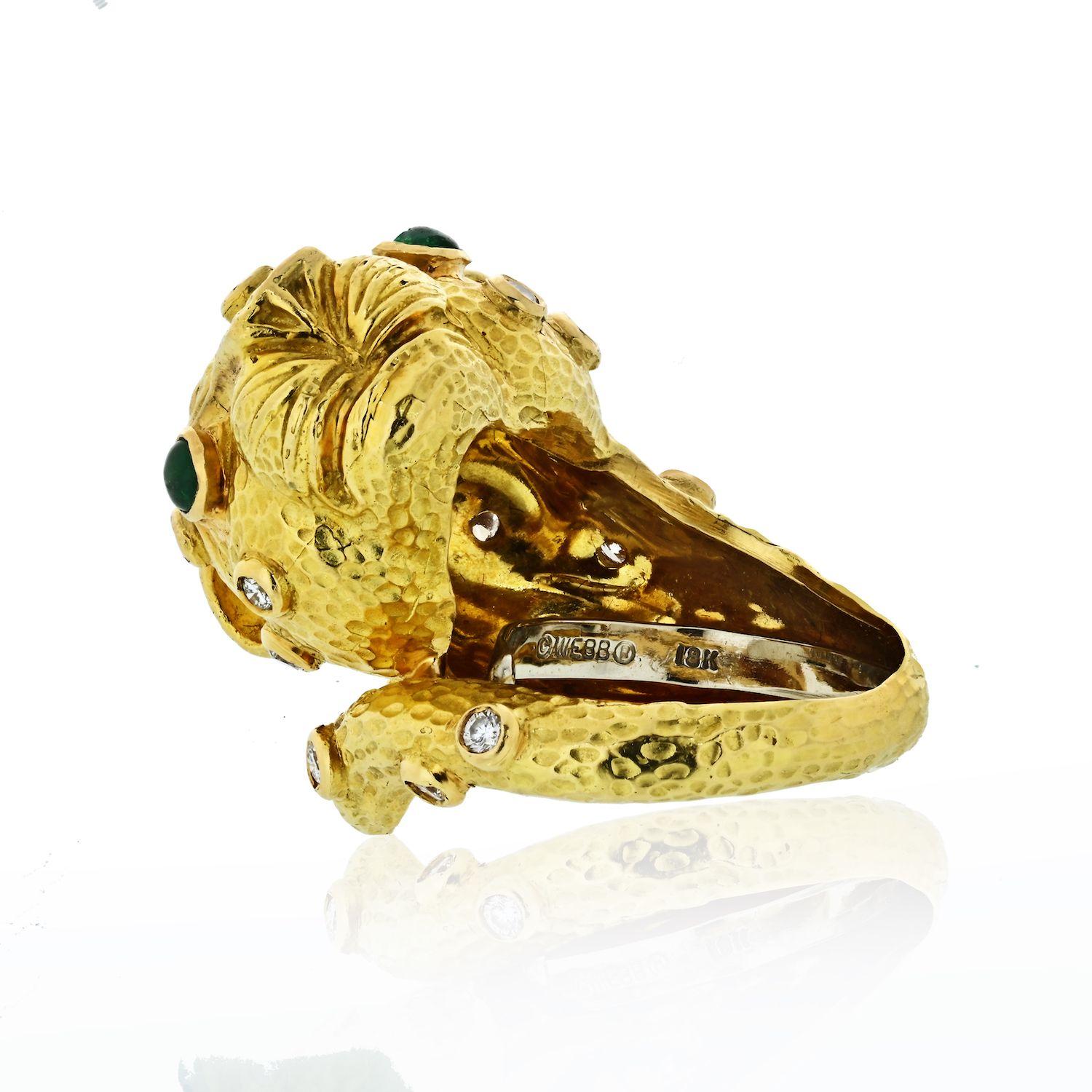 Emerald Cut David Webb Leopard 18 Karat Yellow Gold Green Emeralds, Diamonds Ring For Sale
