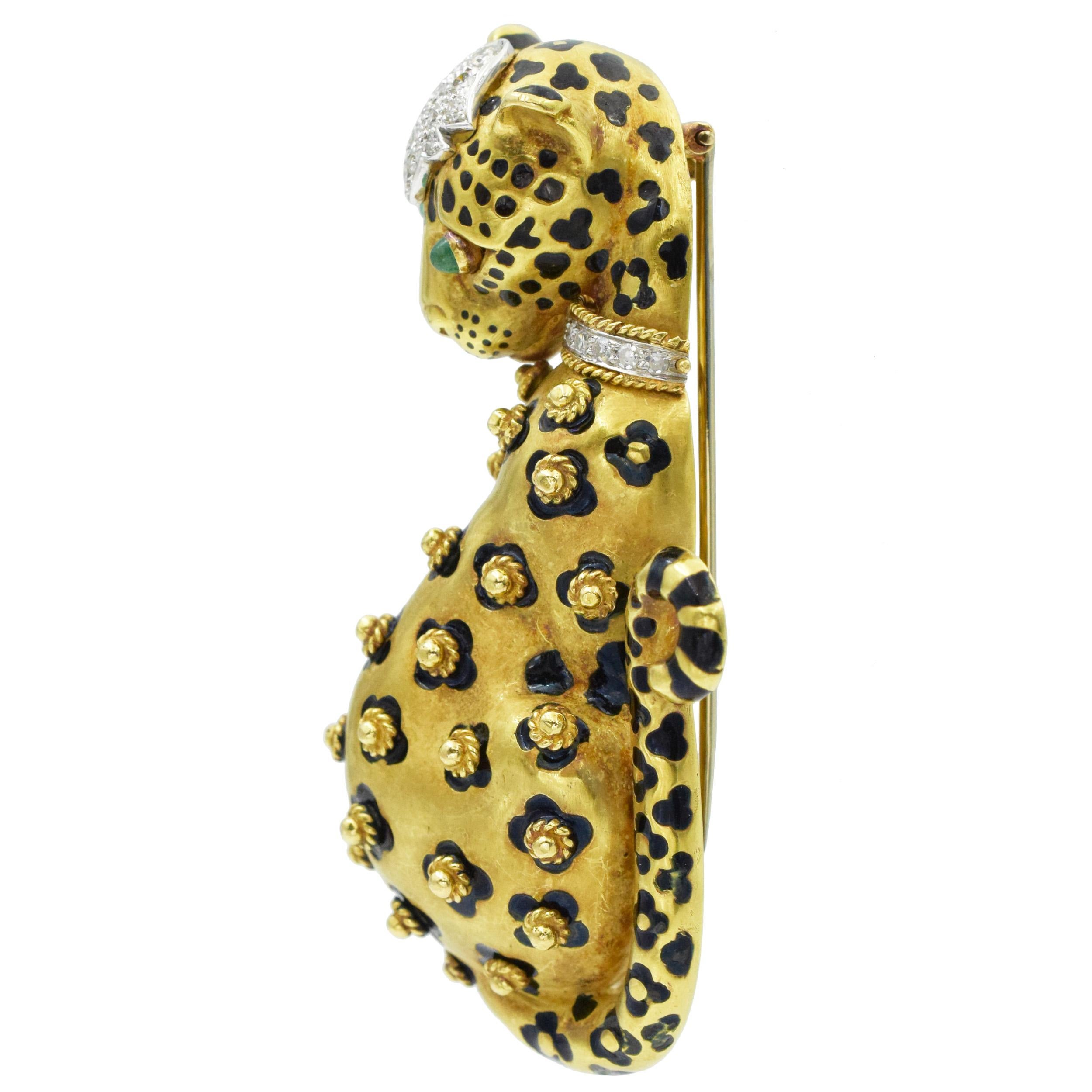 David Webb Leopard Brooch Gold, Diamond, Enamel, and Emerald For Sale 1