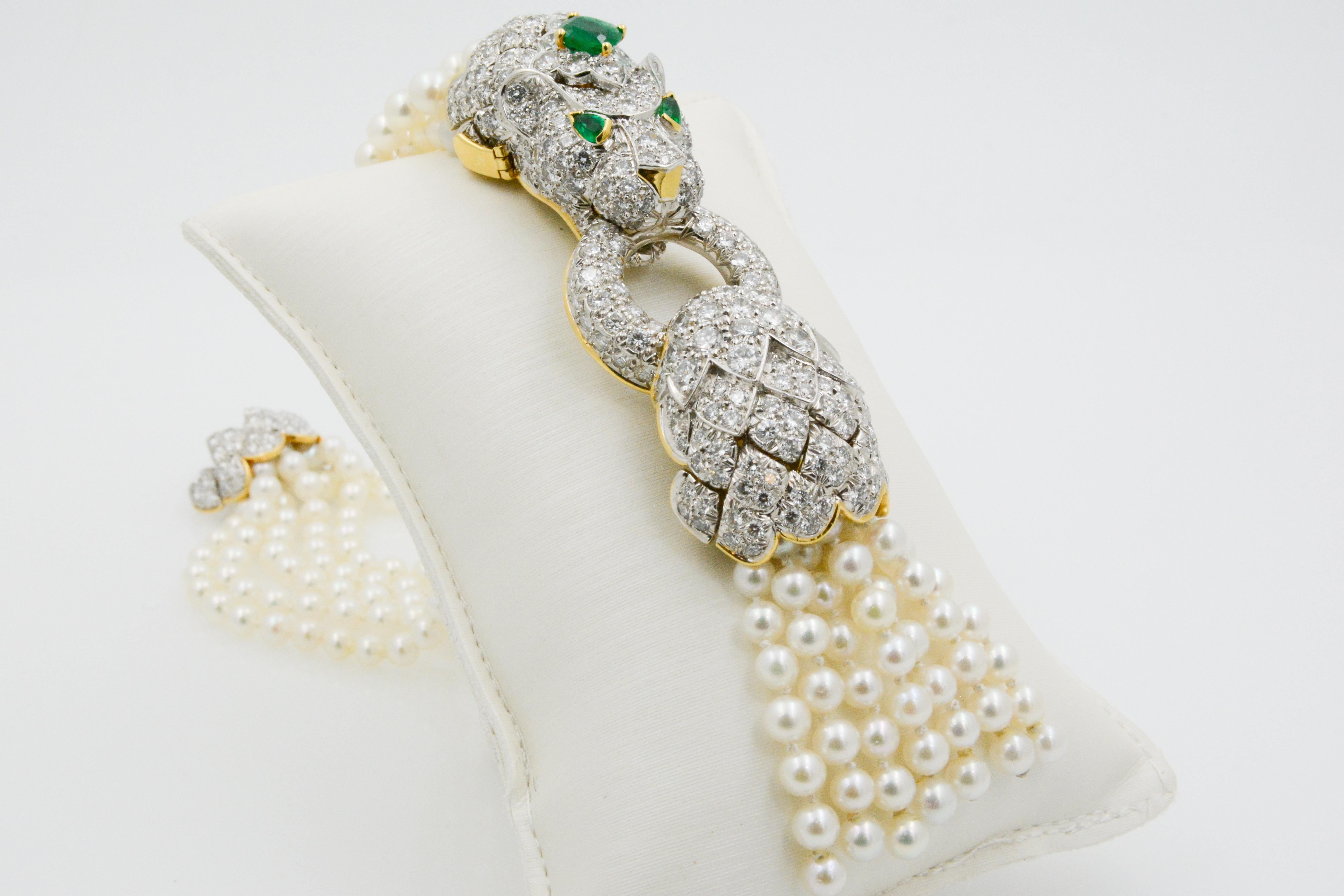 David Webb Lion Diamond and Pearl Strand Bracelet and Brooch 3