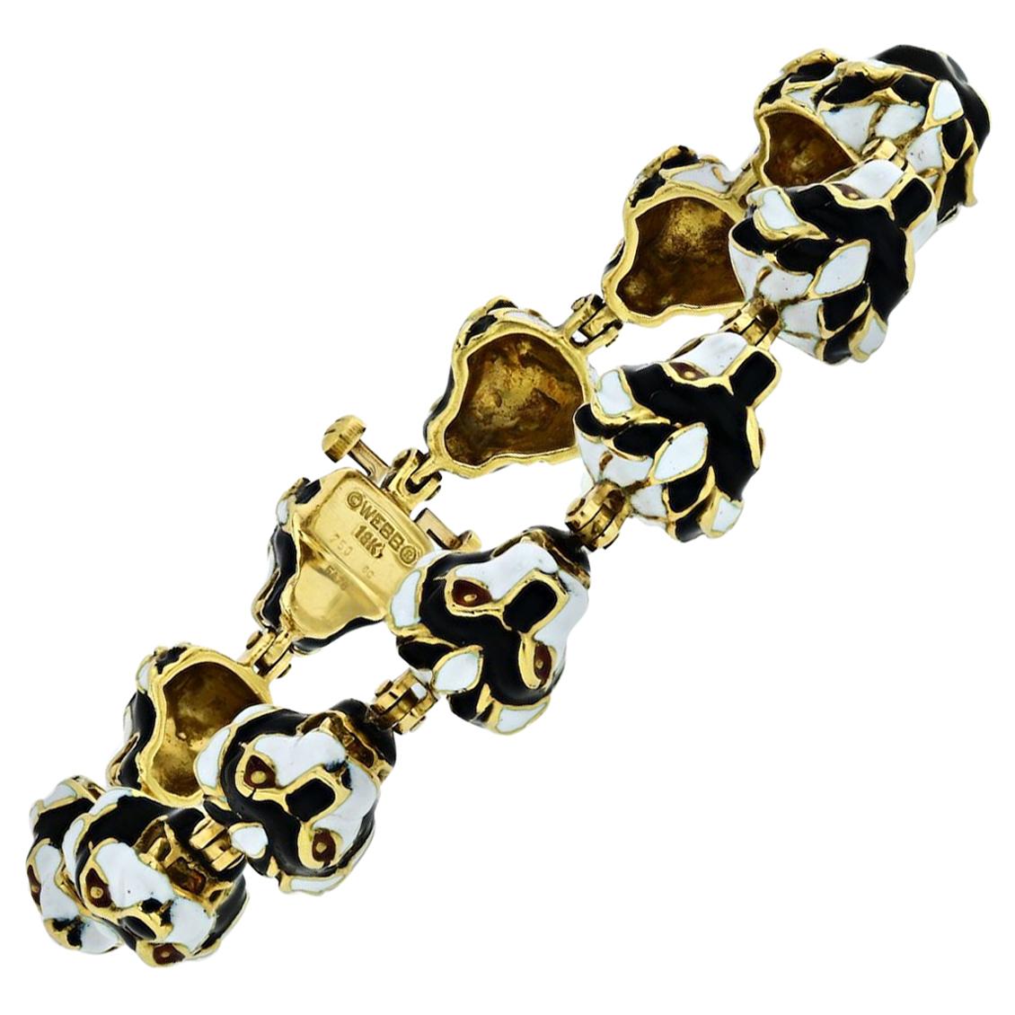 David Webb Bracelet en platine et or 18 carats avec 12 têtes de lion 12 en émail noir en vente