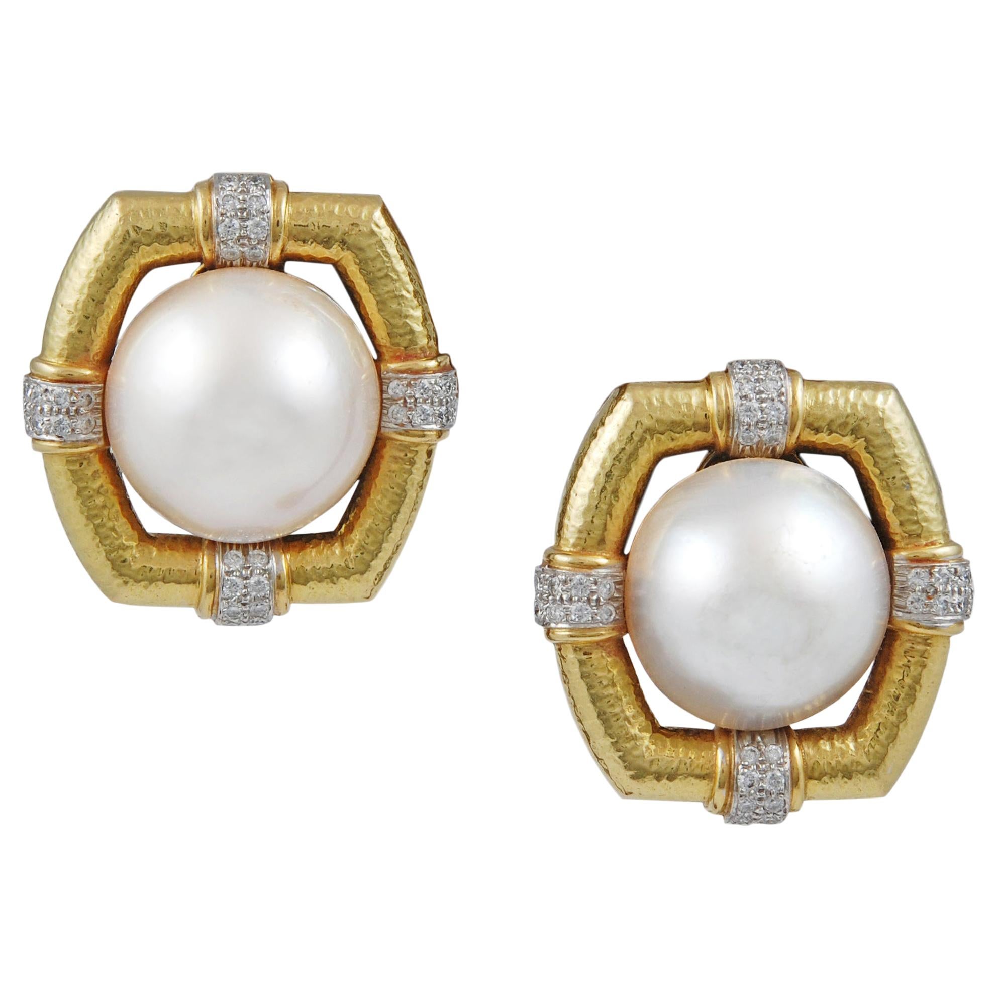 David Webb Mabe Pearl and Diamond Earrings For Sale