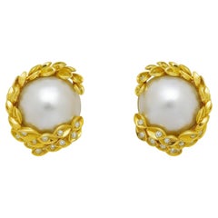 David Webb Mabe Pearl and Diamond Leaf Clip-On Earrings