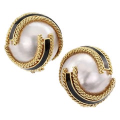 David Webb Mabe Pearl Black Enamel Gold Ear Clips