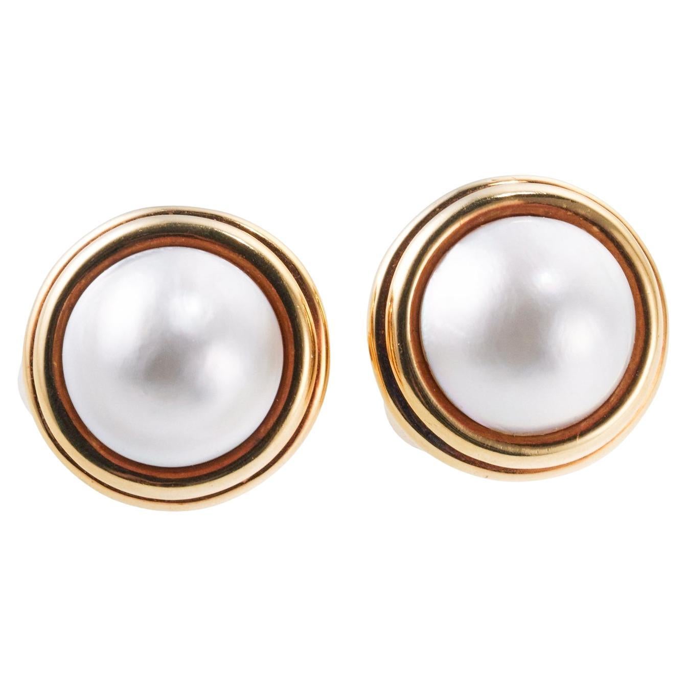 David Webb Mabe Pearl Gold Large Earrings For Sale