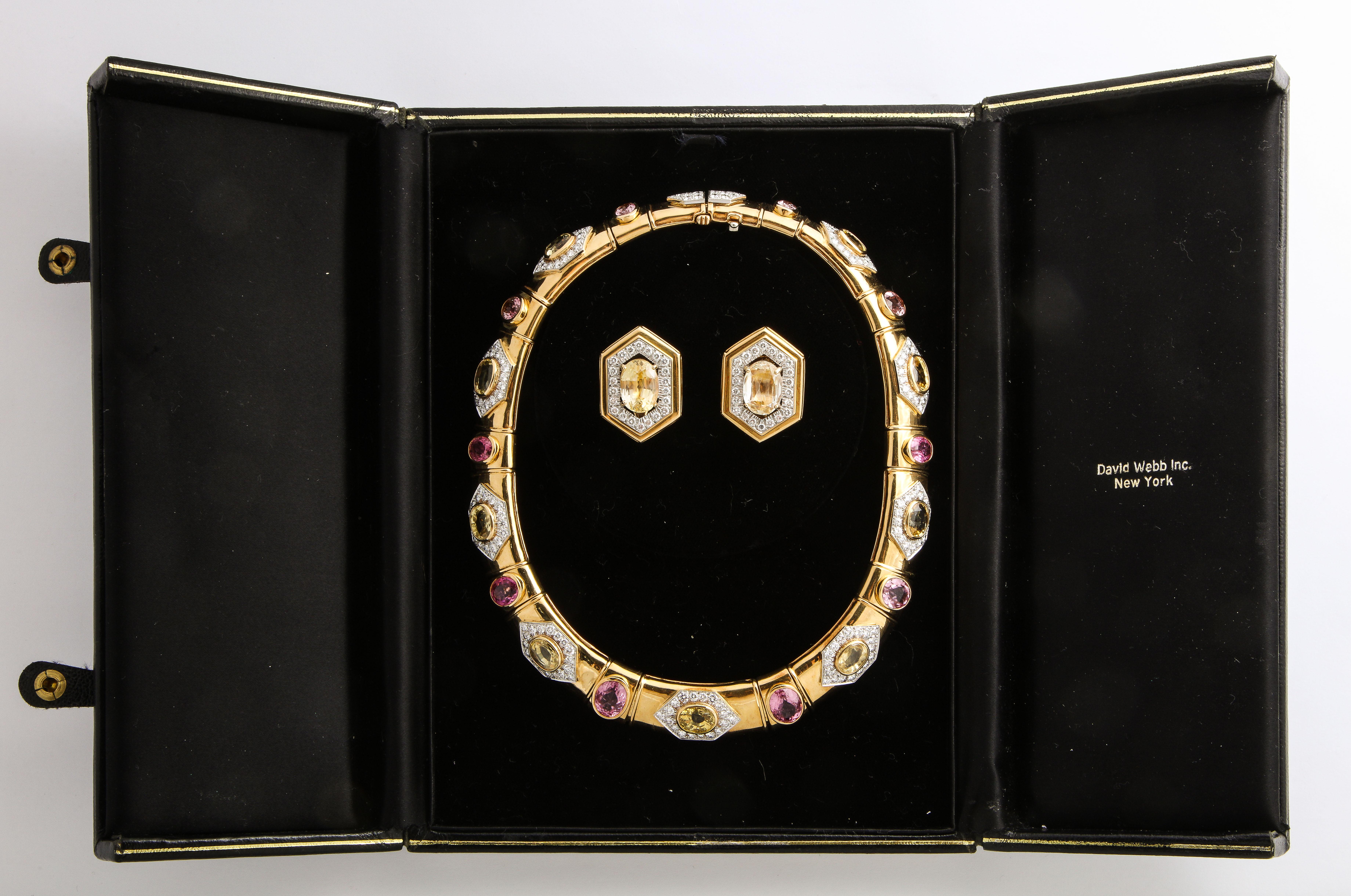 Women's David Webb Magnificent Multi Sapphire Diamond Gold Necklace and Earrings Set