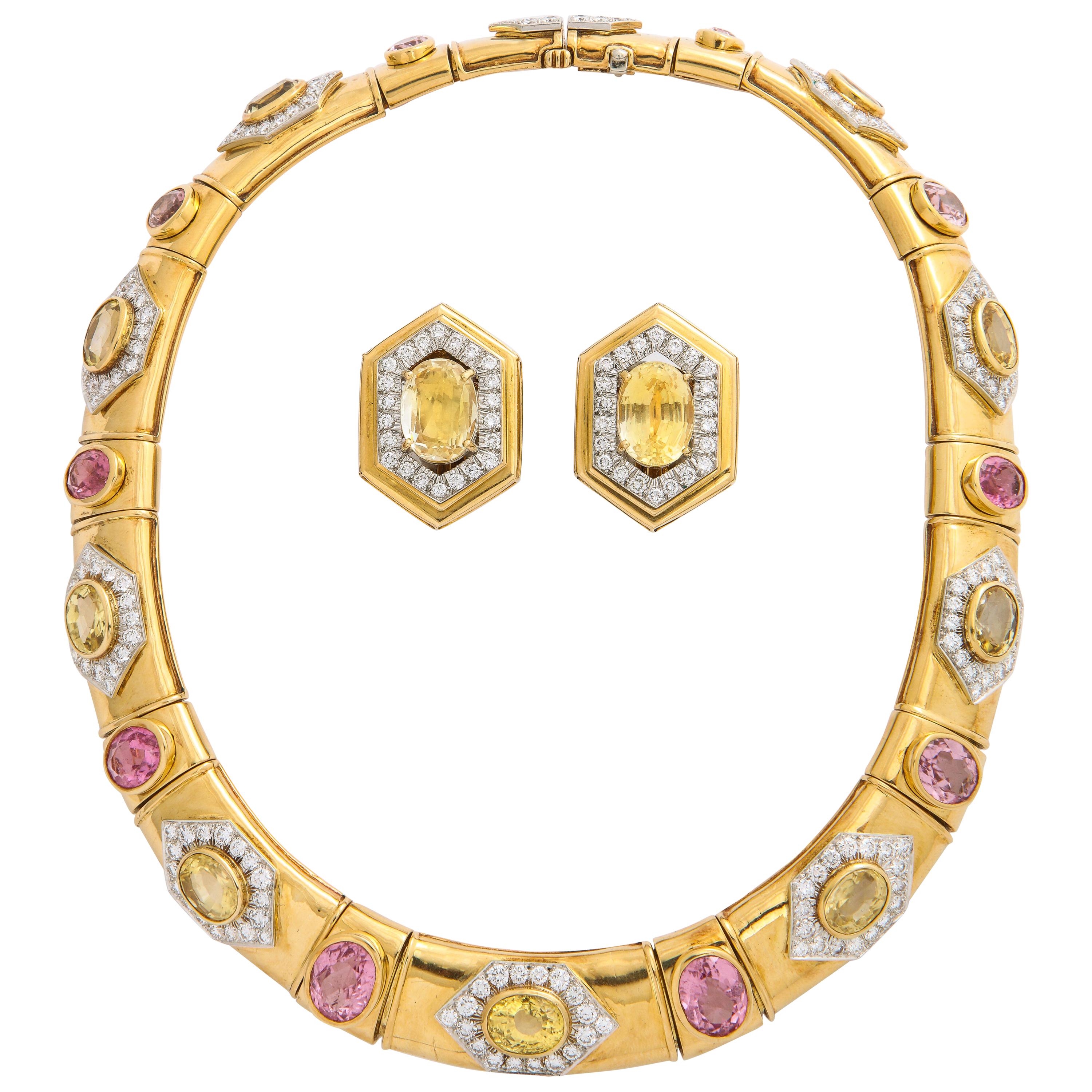 David Webb Magnificent Multi Sapphire Diamond Gold Necklace and Earrings Set