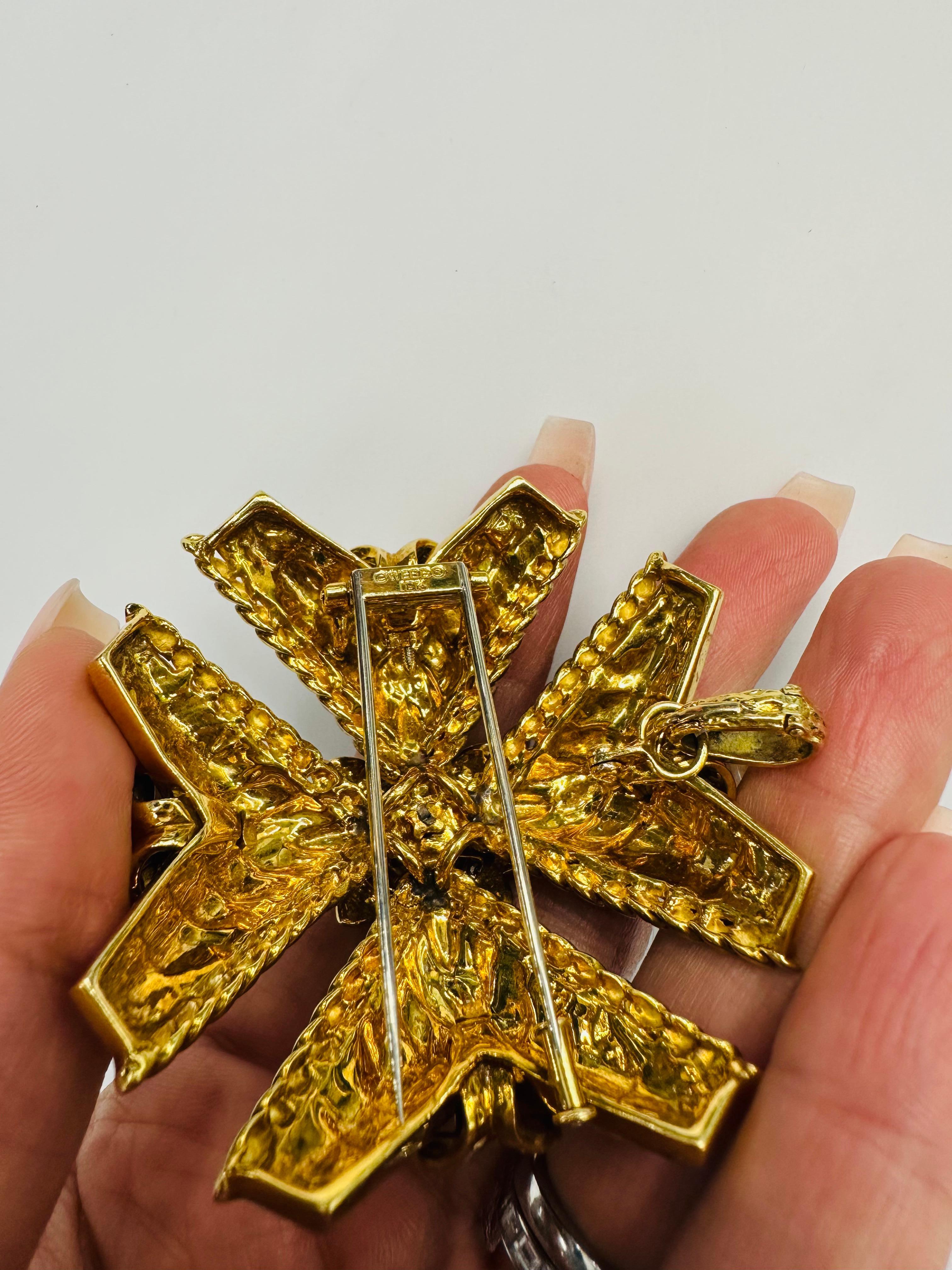 Round Cut David Webb Maltese Cross 18 Karat Yellow Gold Green Enamel Brooch Pendant For Sale