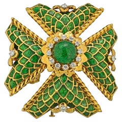 David Webb Maltese Cross 18 Karat Yellow Gold Green Enamel Brooch Pendant
